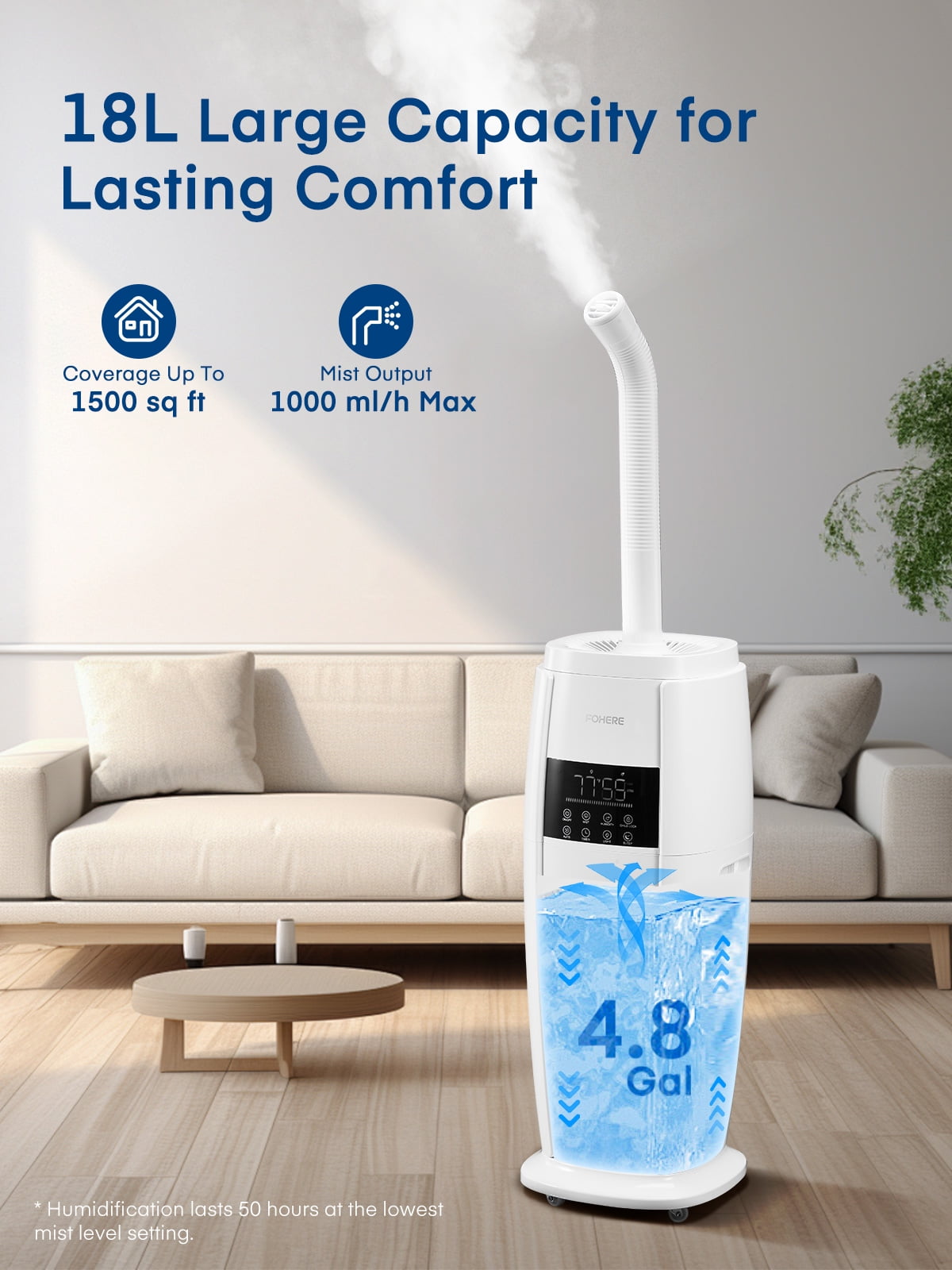 FOHERE Cool Mist Tower Humidifier for Large Rooms, Whole House Ultrasonic Humidifier with Remote Control (White, 4.8 gal) 29esc