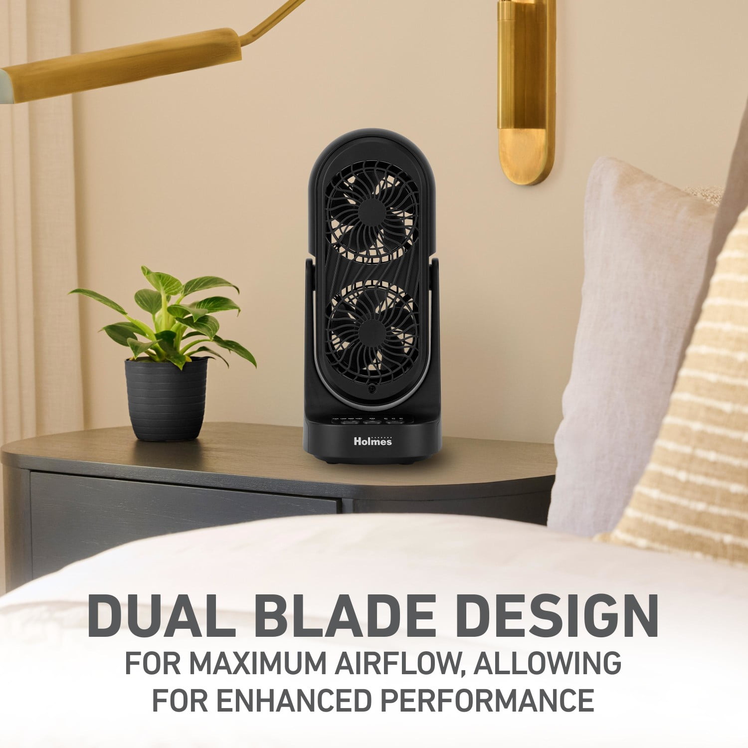Holmes DuoBreeze Desk Fan with Dual Blade Technology, 3-Speed Settings, Adjustable Tilt and Oscillation (Black, 13 in) w9rjj