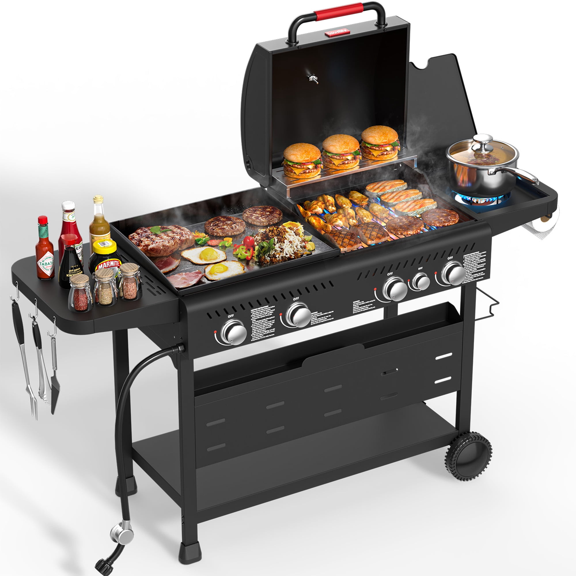 Tcisa 5-Burner Gas Grill and Griddle Combo with Side Burner (Black, 702 sq in) 0kive