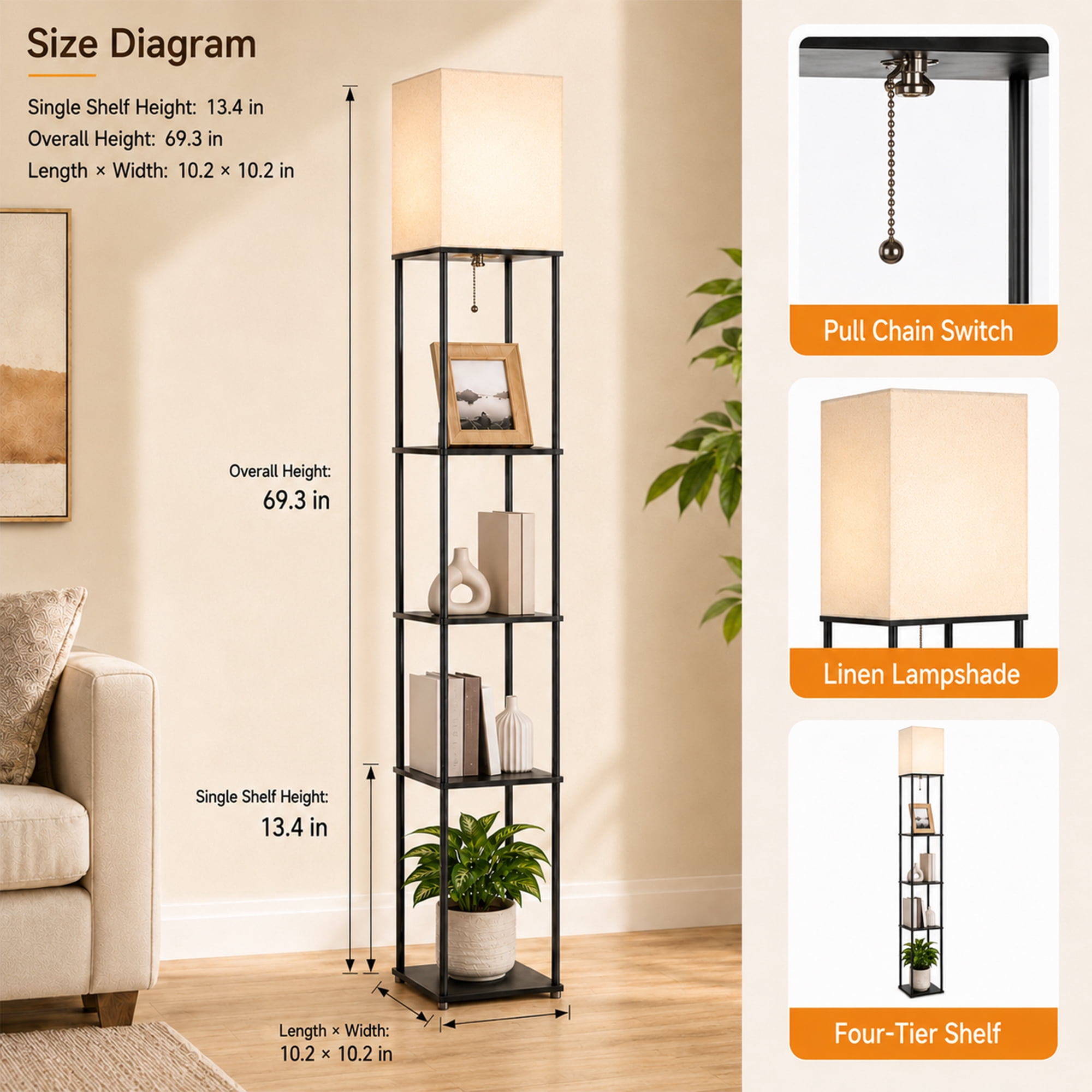 DAYBETTER 4-Tier Floor Lamp with Shelves, Modern Corner Bookshelf Lamp with 3-Color Temperature LED Bulb (Black, 69 in) zbfyx