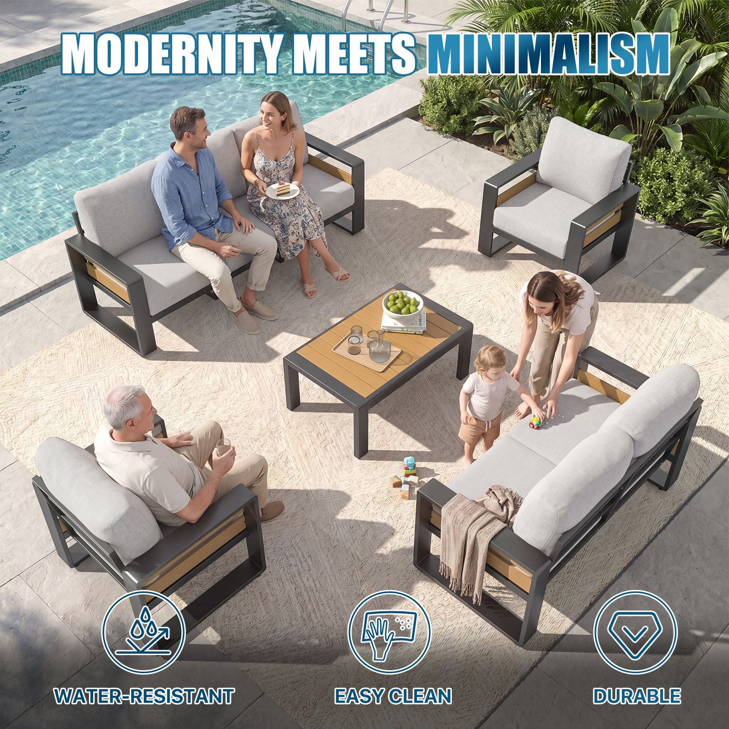 CLOUDDWELL 7-Piece Aluminum Patio Furniture Set, Outdoor Metal Sofa Conversation Set with Coffee Table (Light Gray, 7-Seat) 1r67y