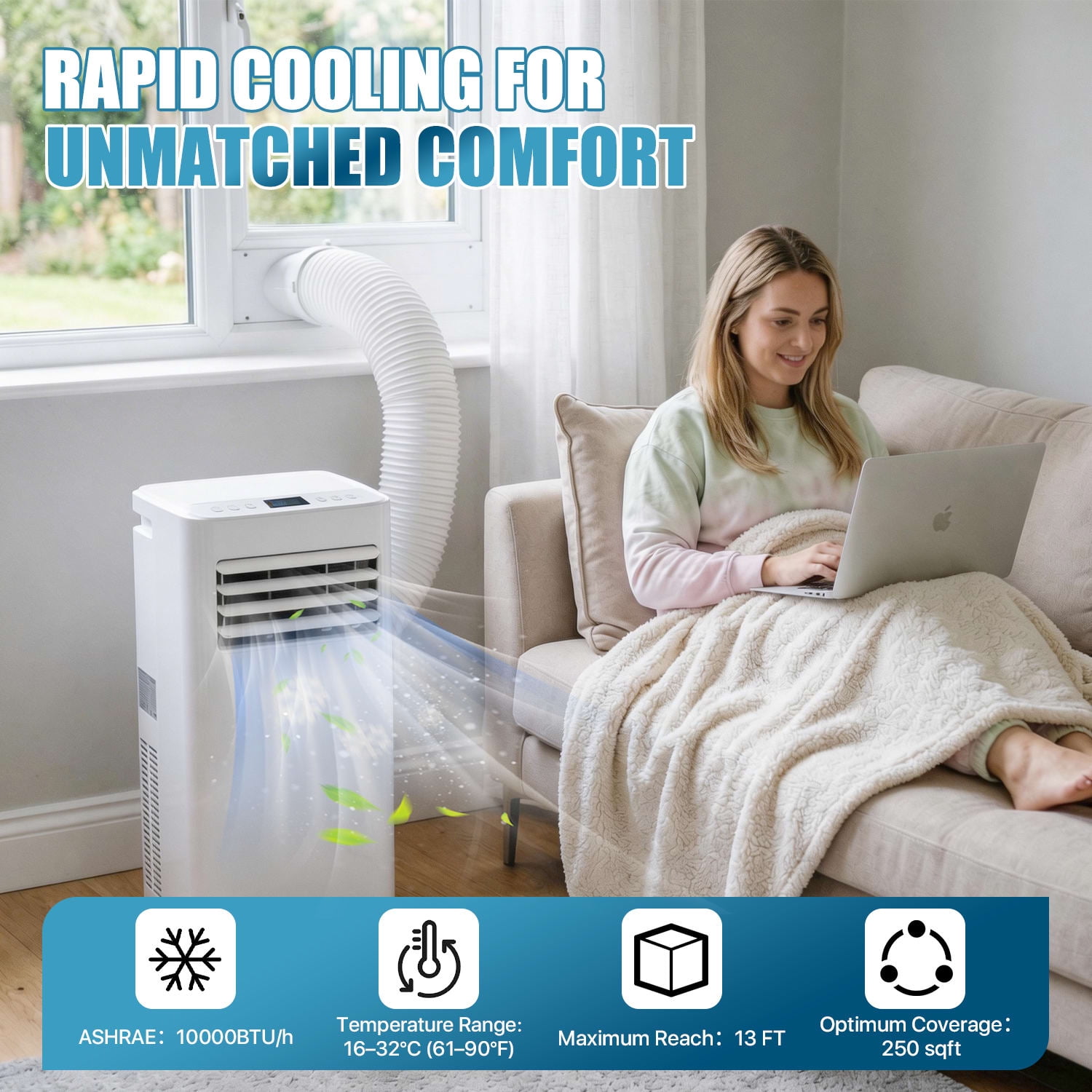 Sunmthink 10000 BTU Smart Portable Air Conditioner, 4-in-1 Cooling Dehumidifier Fan Unit with Remote & App Control (White, 400 sq. ft.) t1lah