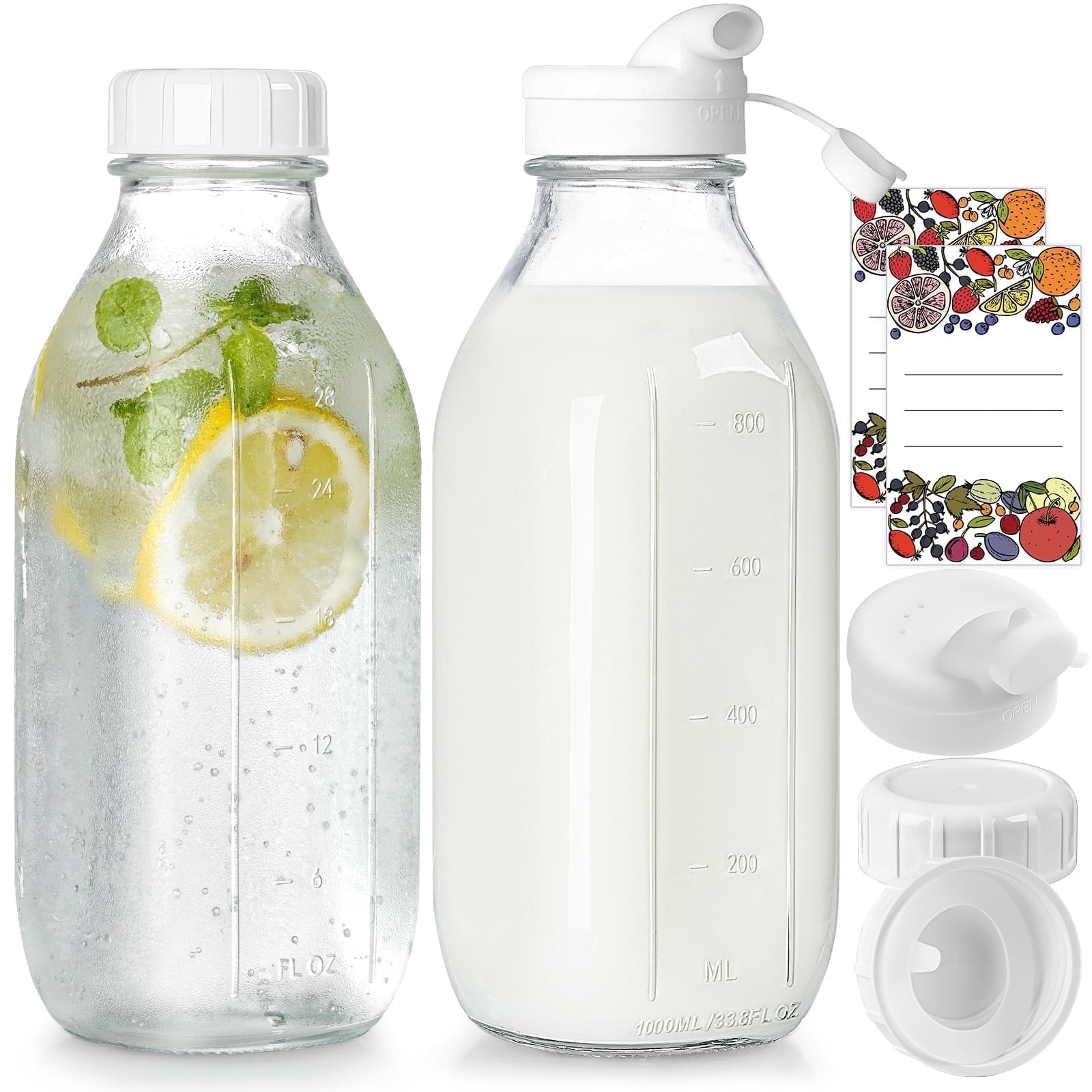 Syntic Reusable Glass Milk Pitcher with Dispenser Caps and Airtight Screw Lids (Clear, 32 oz, 2 Pack) 35oqr