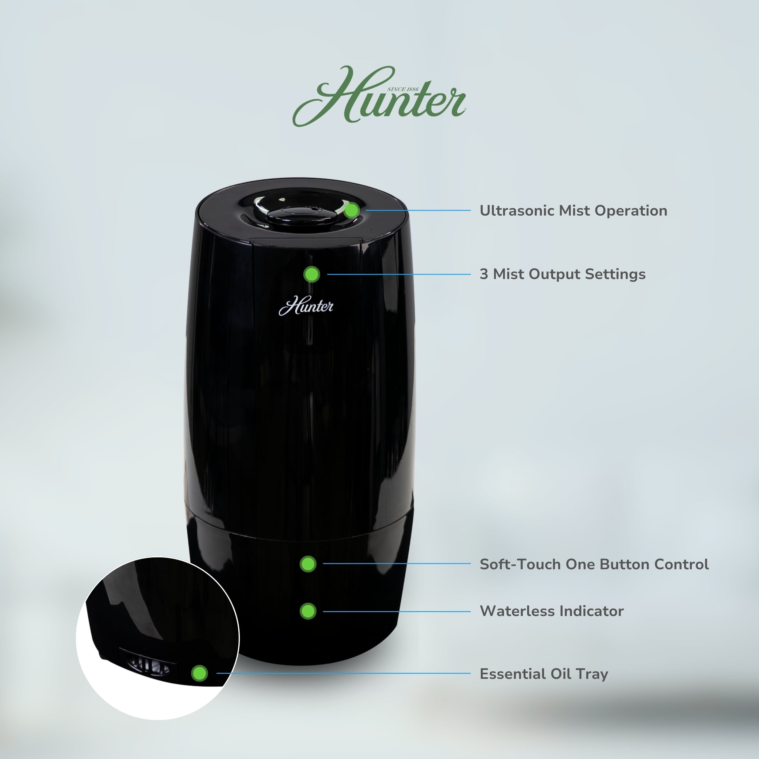 Hunter Aspire Cool Mist Ultrasonic Humidifier with Essential Oil Tray (Black, 0.7 gal) mbgm7