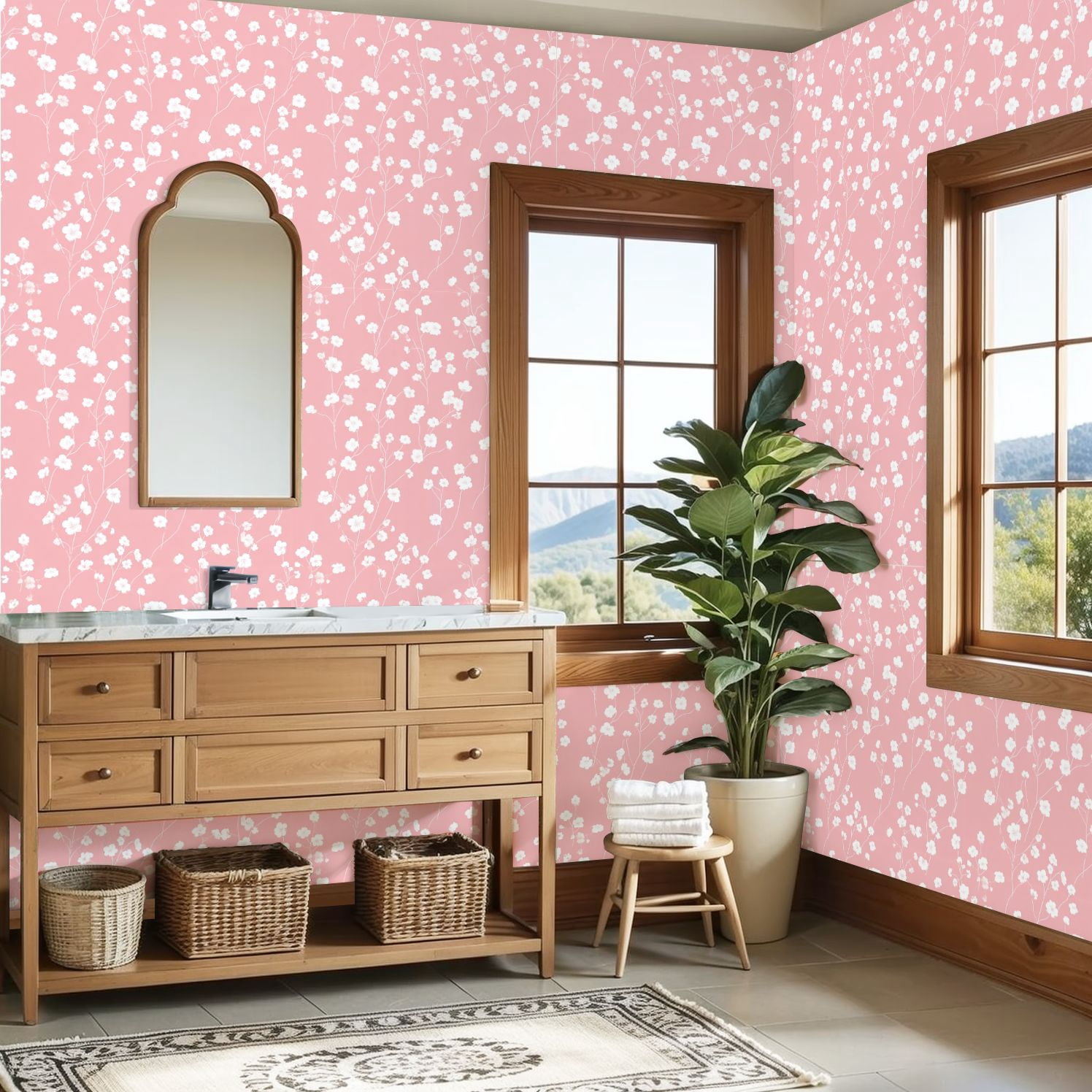 Kanworse Peel and Stick Wallpaper Floral Wall Mural (White and Soft Pink, 23.6 in x 9.8 ft) fbk5p