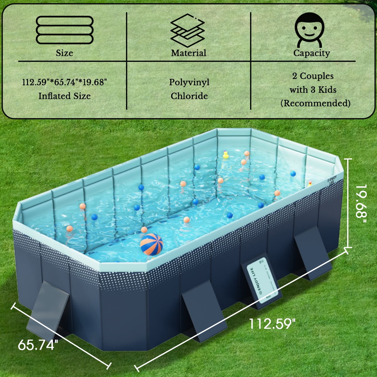 Hurber Foldable Swimming Pool, Large Non-Inflatable Outdoor Kiddie Pool for Adults and Kids (Blue, 113 in x 66 in x 20 in) 60gwu
