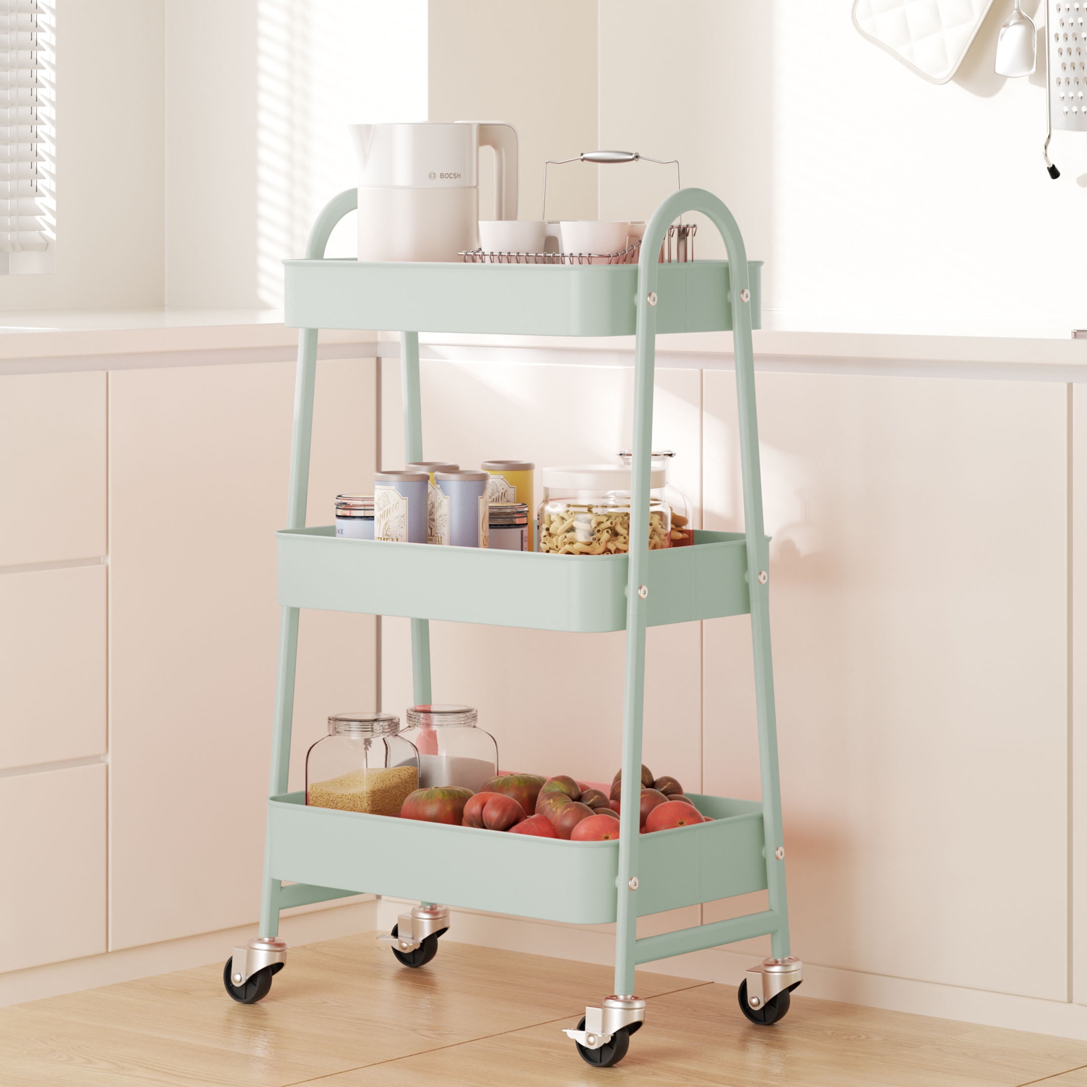 edx 3 Tier Rolling Utility Storage Cart, Heavy-Duty Metal Organizer with Lockable Wheels (Green, 15.83 in x 12.04 in x 31 in) ltwe8