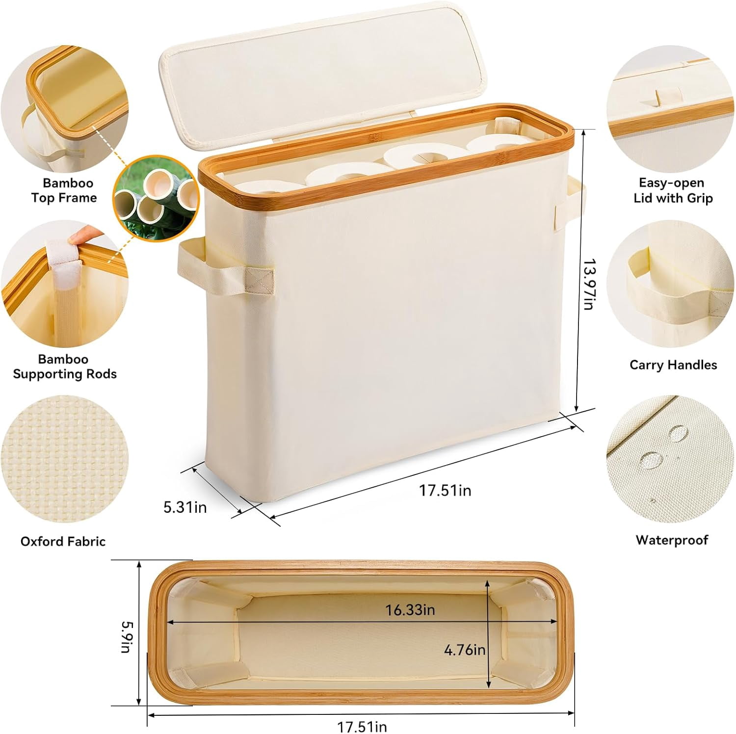 Kimmama Bathroom Toilet Paper Storage Basket with Bamboo Lid and Handles (White, 17.72 in x 6 in x 13.78 in) kgfft