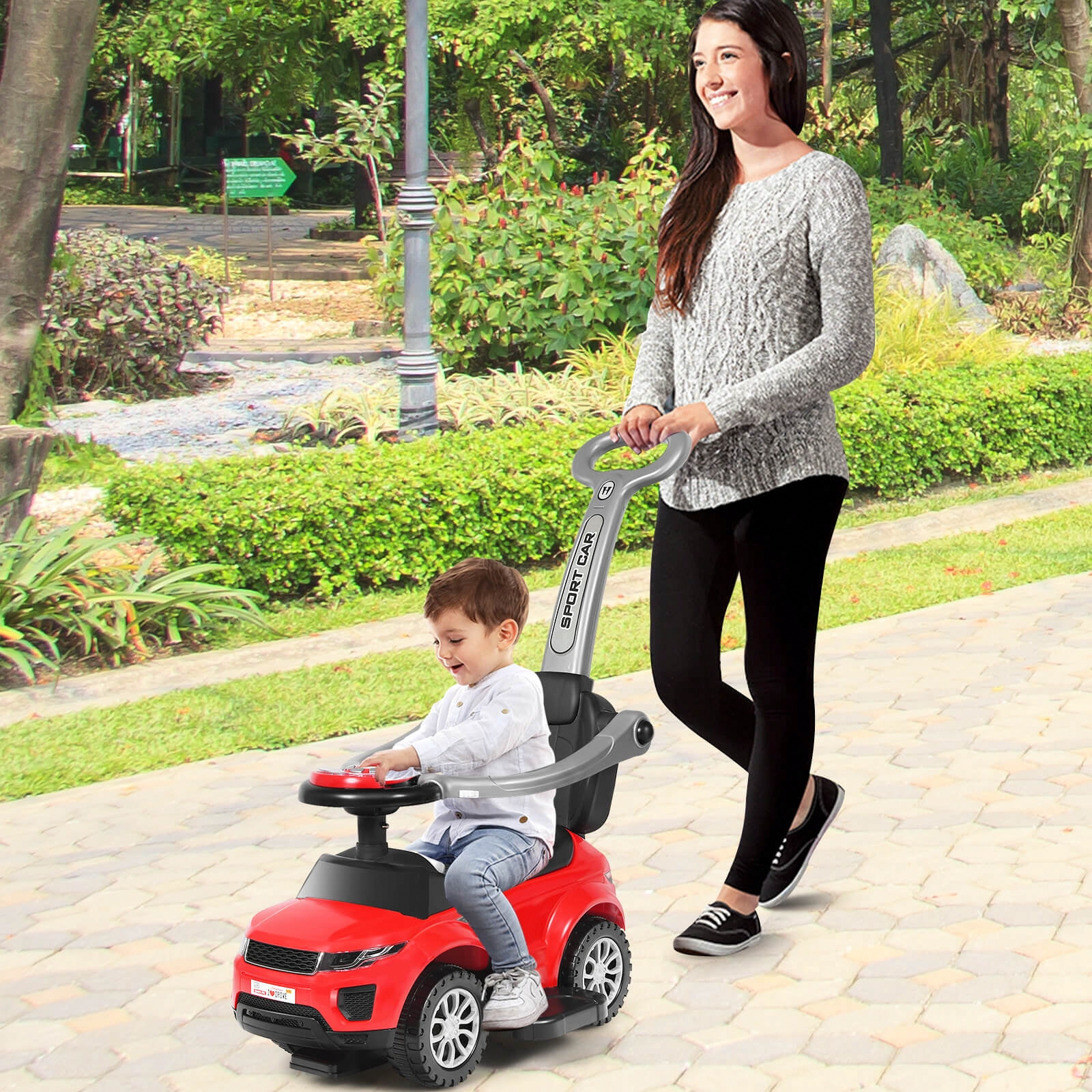 INFANS 3-in-1 Ride-On Push Car Toddler Stroller with Music and Storage (Red) yswuz