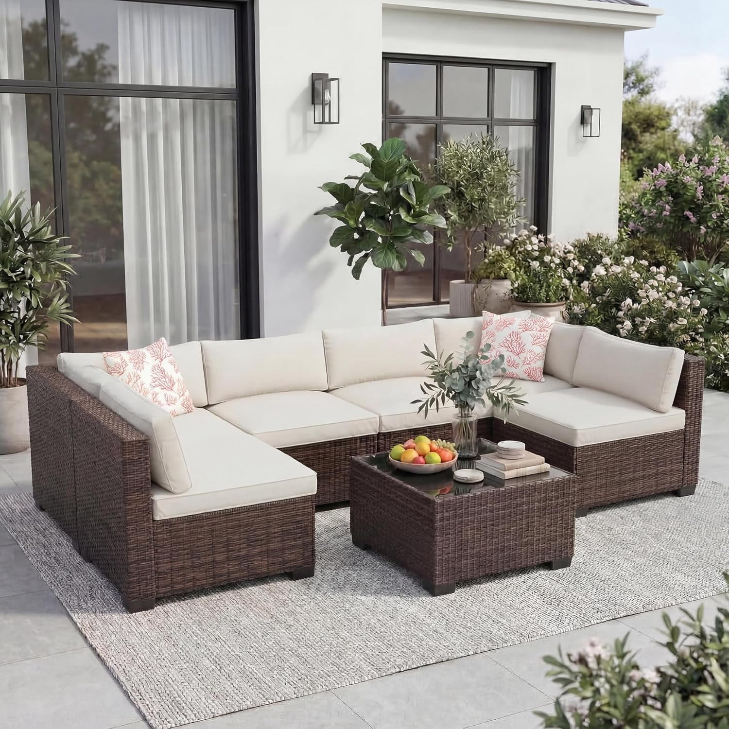 Senfot 7-Piece Outdoor Patio Furniture Sofa Set, Modular Sectional Couch with Sturdy Steel Frame for Backyard and Garden (Brown and Beige) xi9gl
