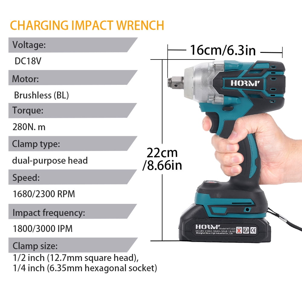HORMY Cordless Impact Wrench, Brushless Motor Power Tool with 2 Batteries & LED Light (Blue, 1/2 in) t6r9k