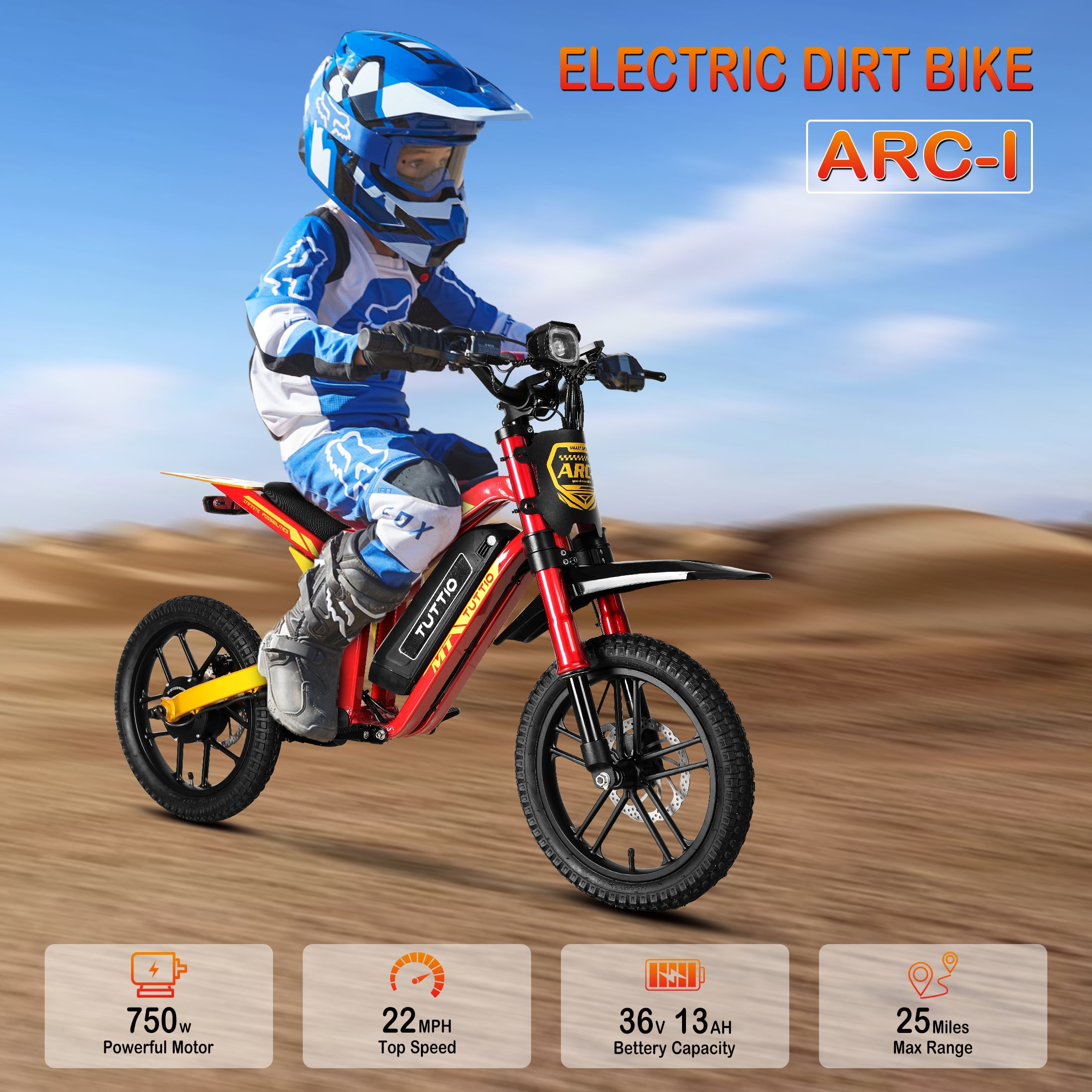 TUTTIO ARC-1 Electric Dirt Bike, 750W Motor Off-Road Motorcycle with 5-Speed Modes (Silver, 16 in Tires) tiv9n