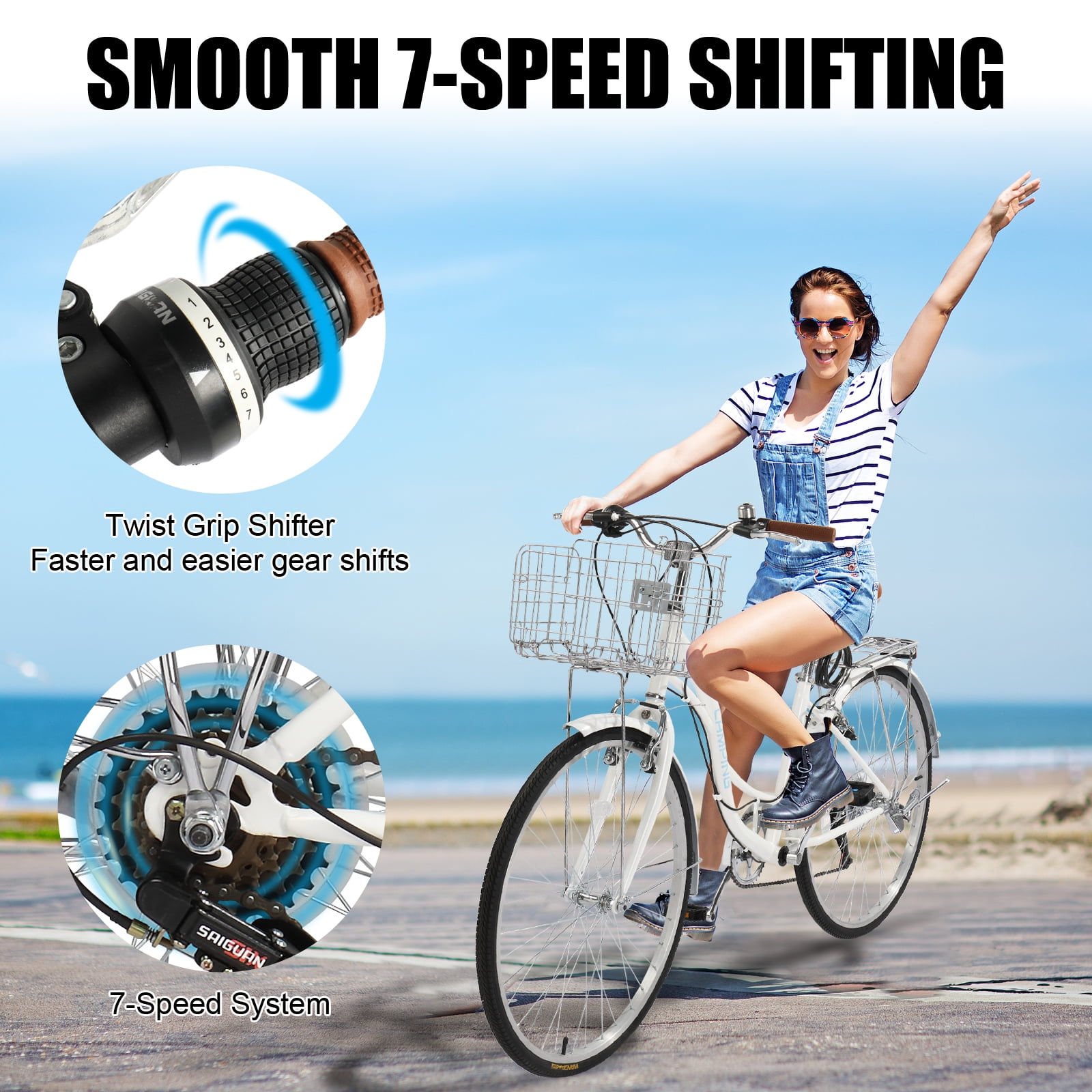 Ktaxon 26 in Women's 7-Speed Cruiser Bike, Step-Through City Bicycle with Basket and Rear Rack (White, 26 in) 3ajqc