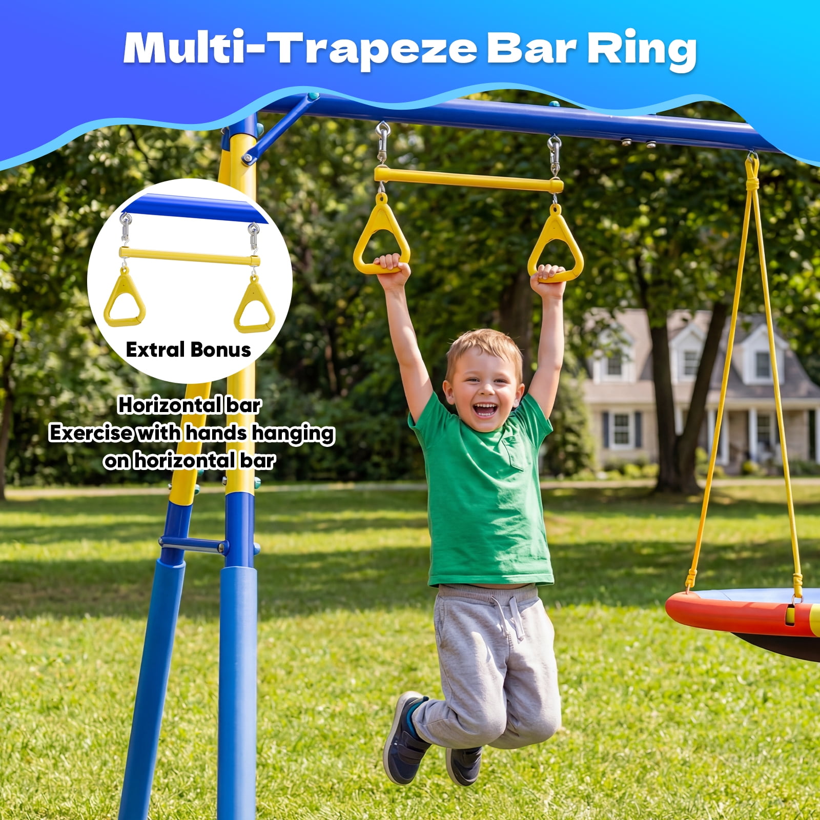 Fashionsport Outfitters Heavy-Duty Outdoor Metal Swing Set with Saucer Swing, Belt Swing, and Trapeze Rings (Yellow, 500 lb Capacity) 0b4sk