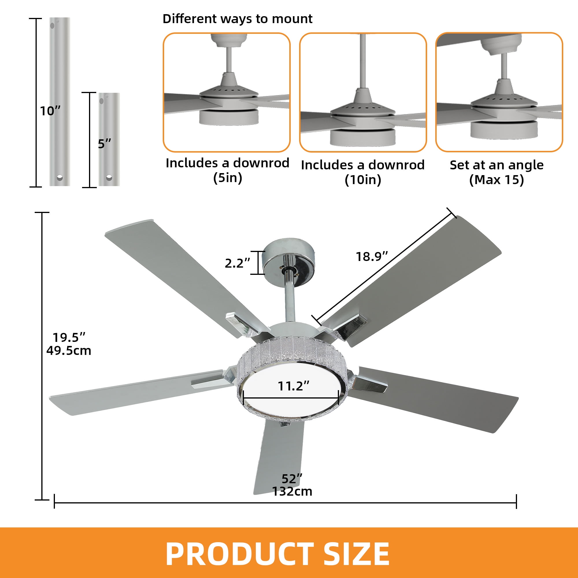 Craftian 52 Inch Smart Chandelier Ceiling Fan with LED Lights, App & Voice Control, Quiet DC Motor (Silver, 52 in) 6oo40