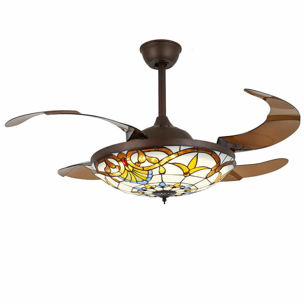 Denest 42 in Tiffany Style LED Retractable Ceiling Fan with Remote Control (3-Speed, 4-Blade) 0zrd0