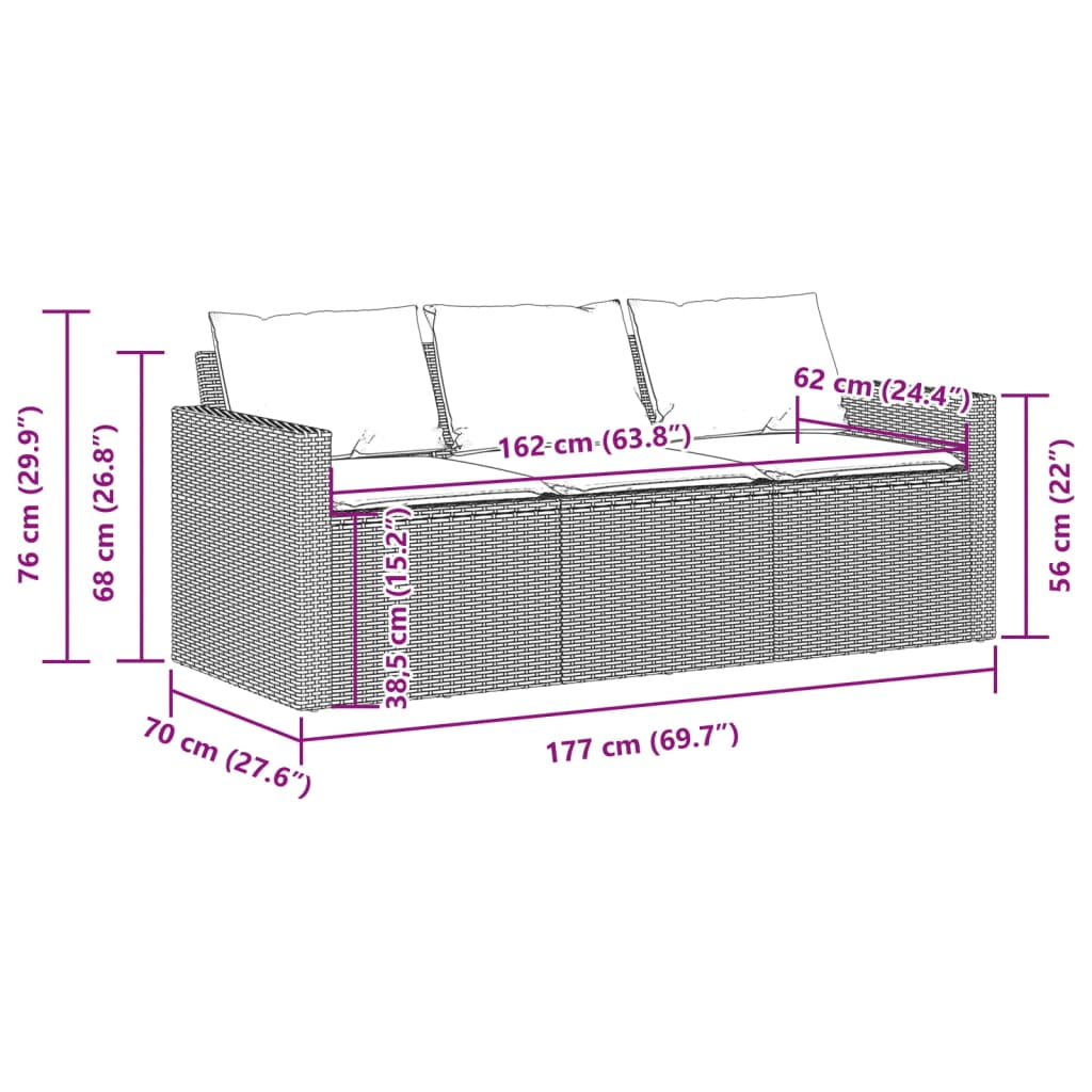 vidaXL 3-Seater Patio Sofa with Cushions (Beige, 74.8 in x 25.6 in x 26.8 in) ewzyw