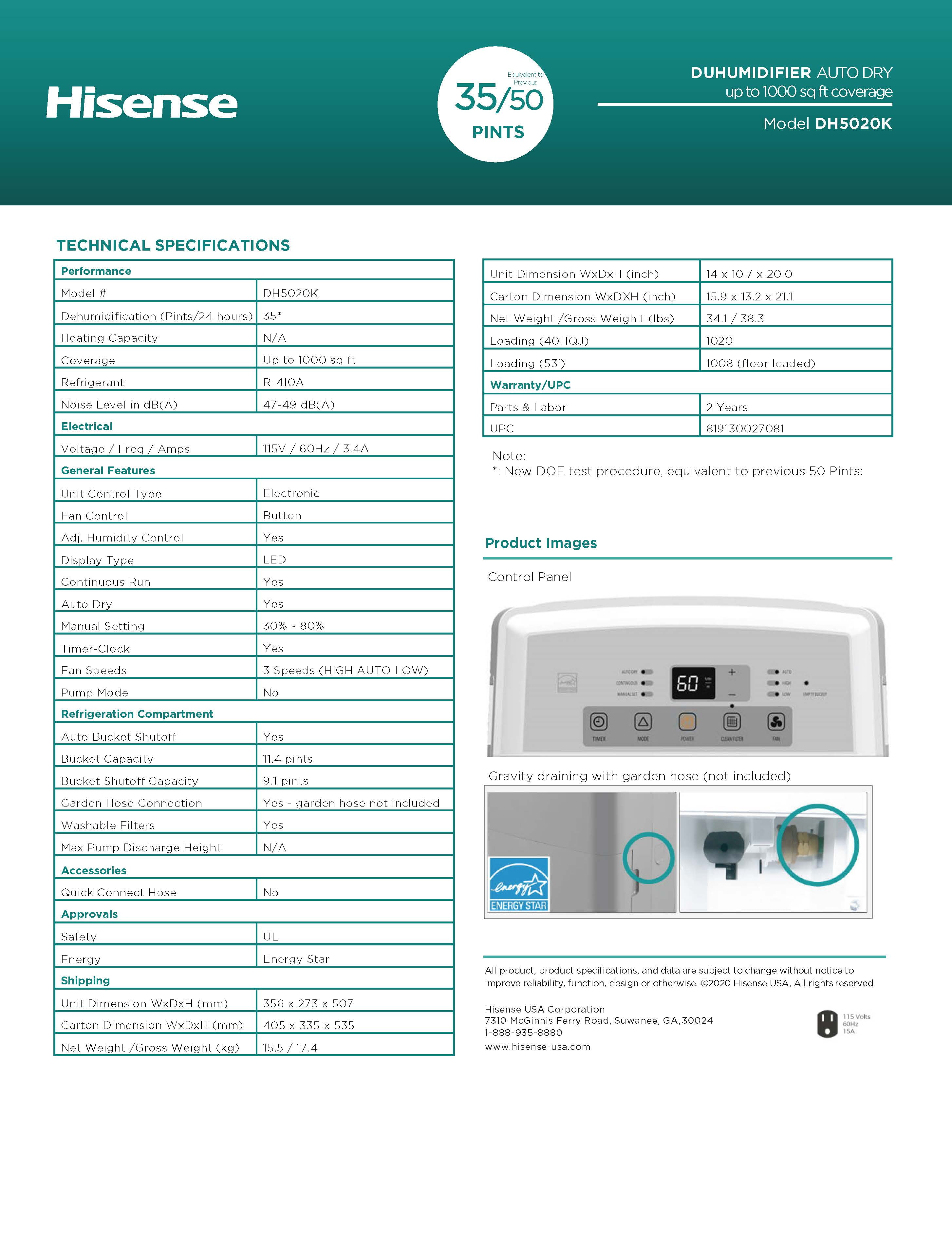 Hisense DH5020K 3-Speed Dehumidifier (35-Pint, 1000 sq. ft. Coverage, Refurbished) maces