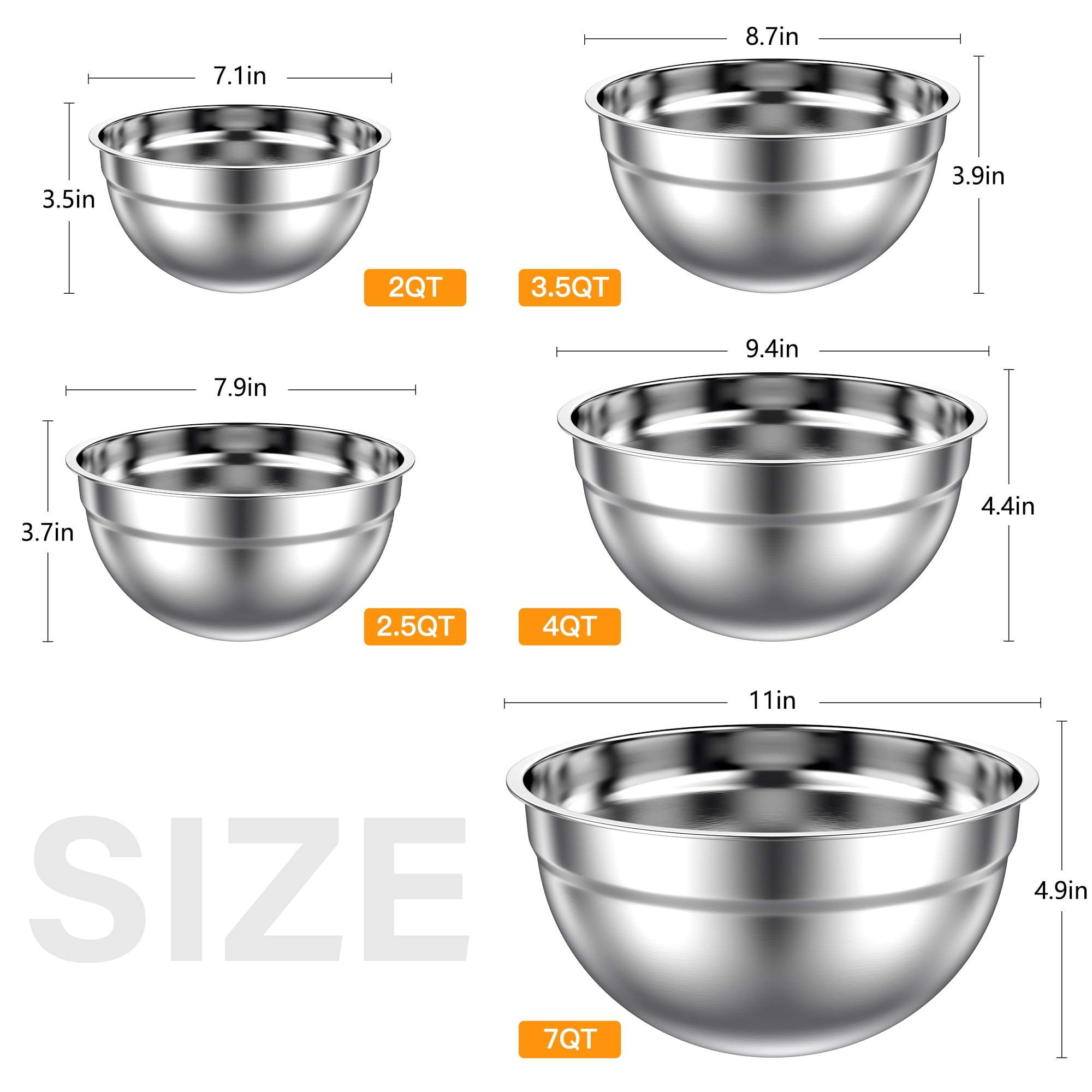 TINANA Stainless Steel Nesting Mixing Bowls Set (5-Piece, 2 to 7 QT) bbfii
