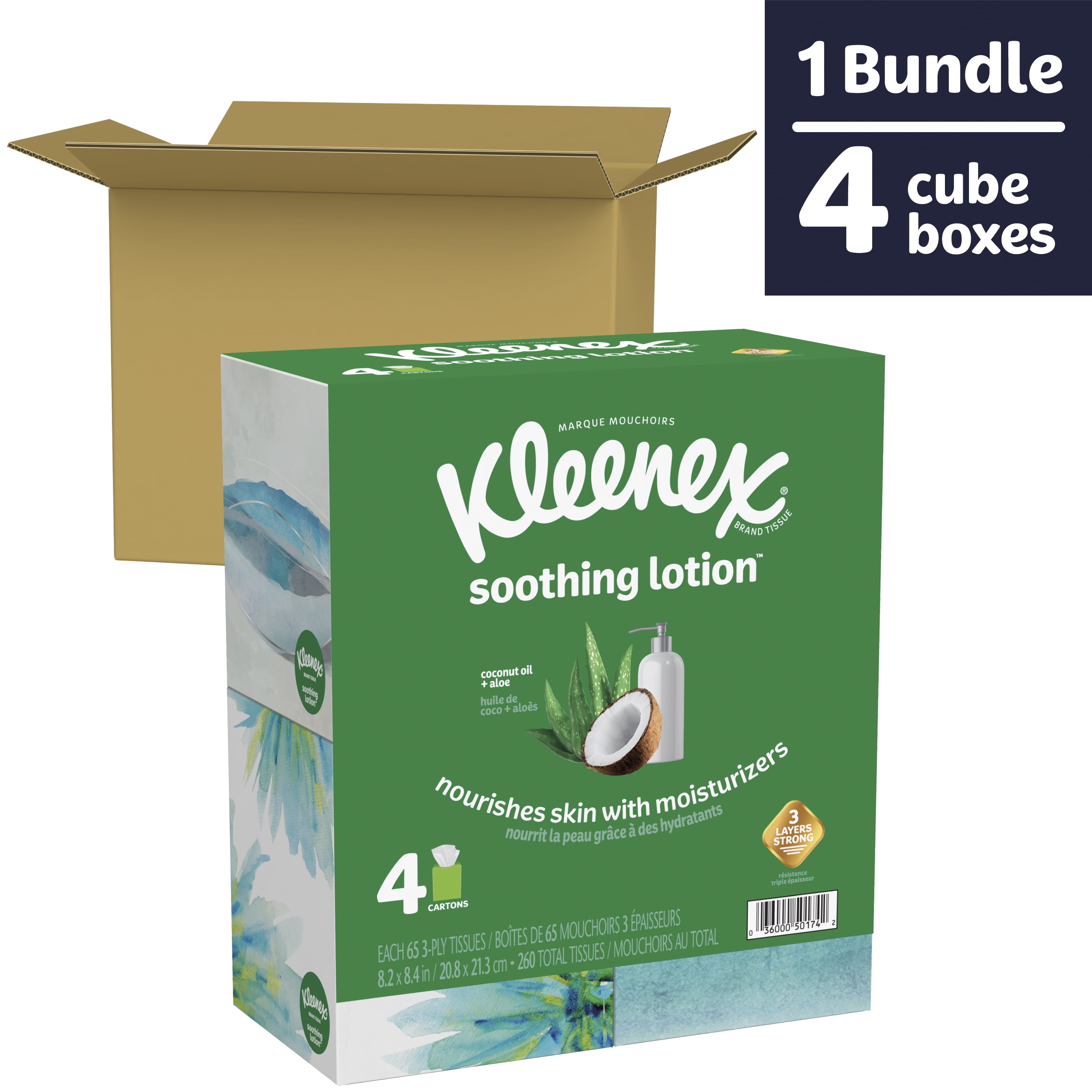 Kleenex Soothing Lotion Facial Tissues, 3-Ply Softness with Aloe and Vitamin E (White, 4 Cube Boxes, 260 Total Tissues) v4o9o