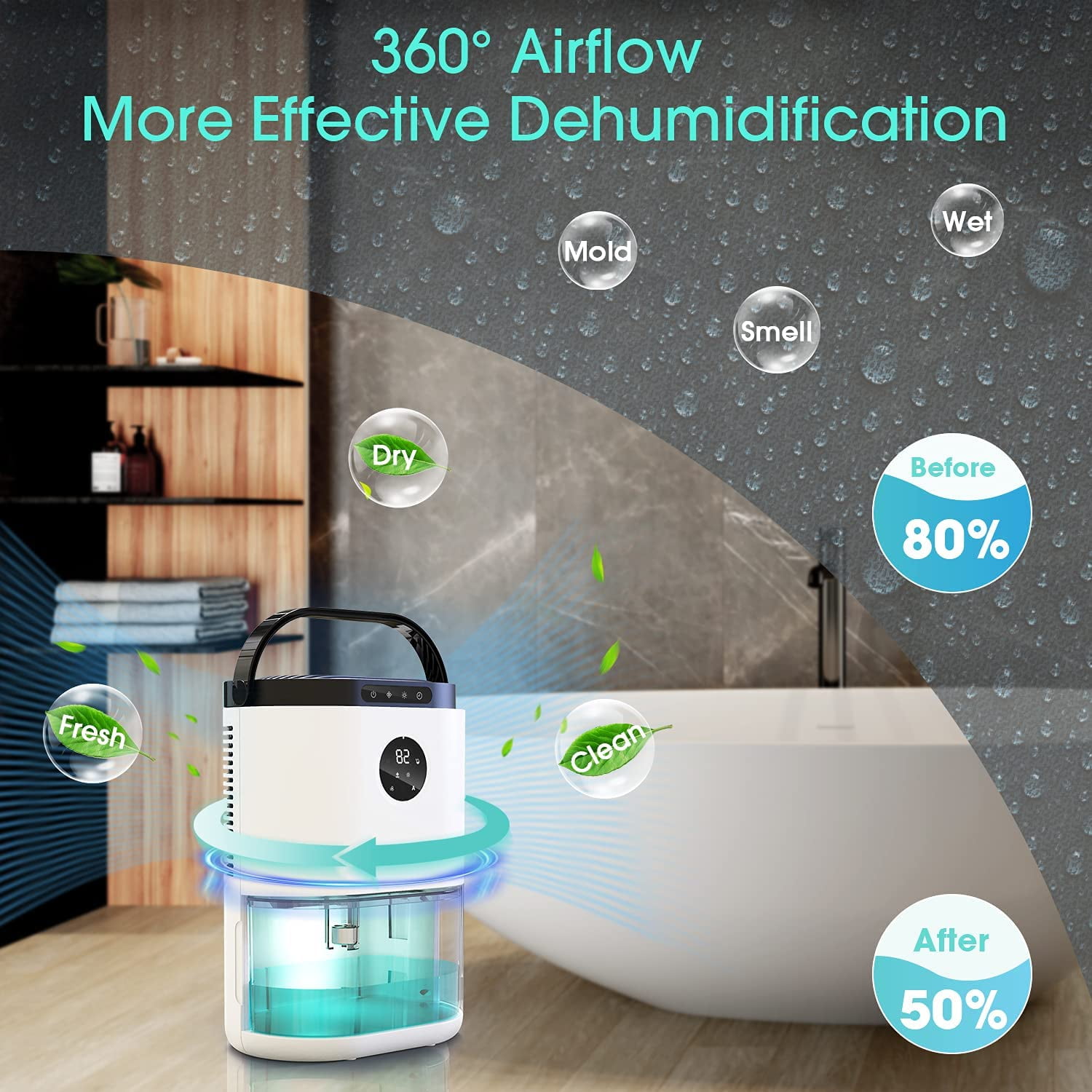 Kloudic Portable Dehumidifier for Home, Ultra Quiet Electric Air Dryer with Humidity Control and LED Display (78 oz) te6v0