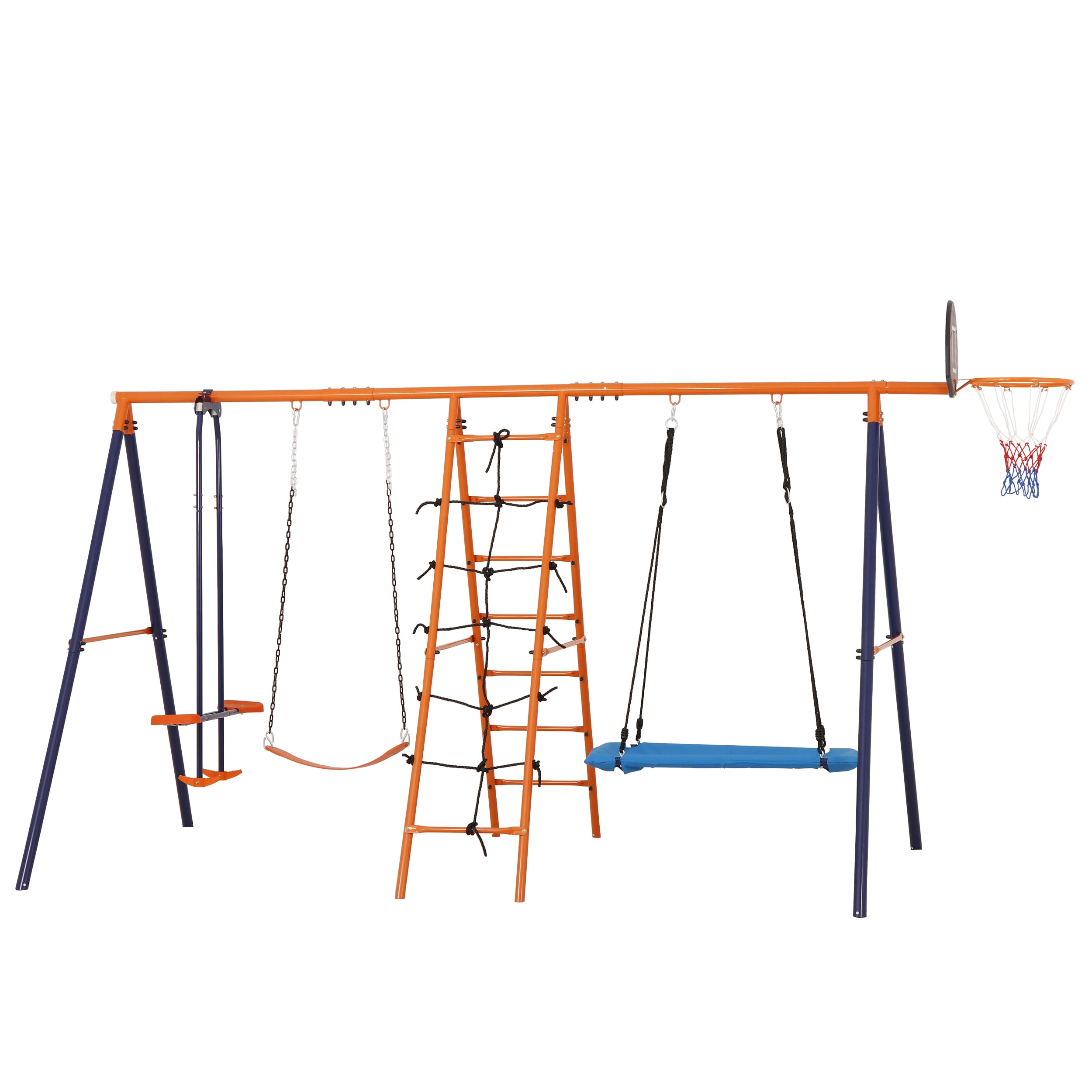 ZenSports 5-in-1 Outdoor Kids Swing Set with Saucer Swing, Belt Swing, Seesaw, Basketball Hoop, and Climbing Ladder (Orange, 660 lb Capacity) wfok7