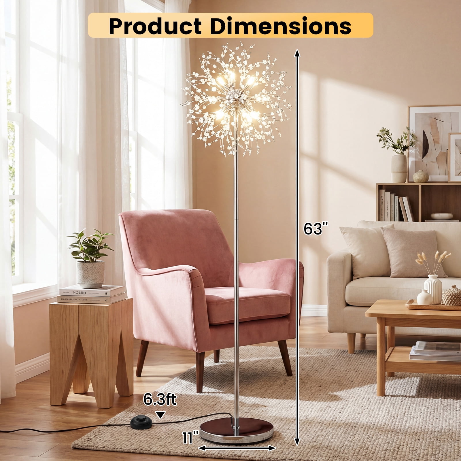 Gymax Crystal Floor Lamp Dandelion Style Standing Light with Foot Switch (Silver, 63 in) 9vs9v