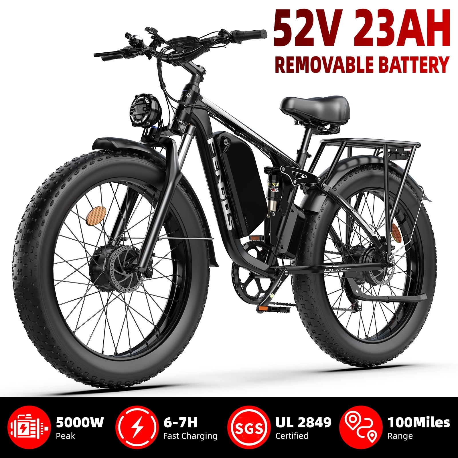 FENGQS 26 in Electric Mountain Bike, Dual Motor All-Terrain E-Bike with Full Suspension (Black, 26 in) dbdsj