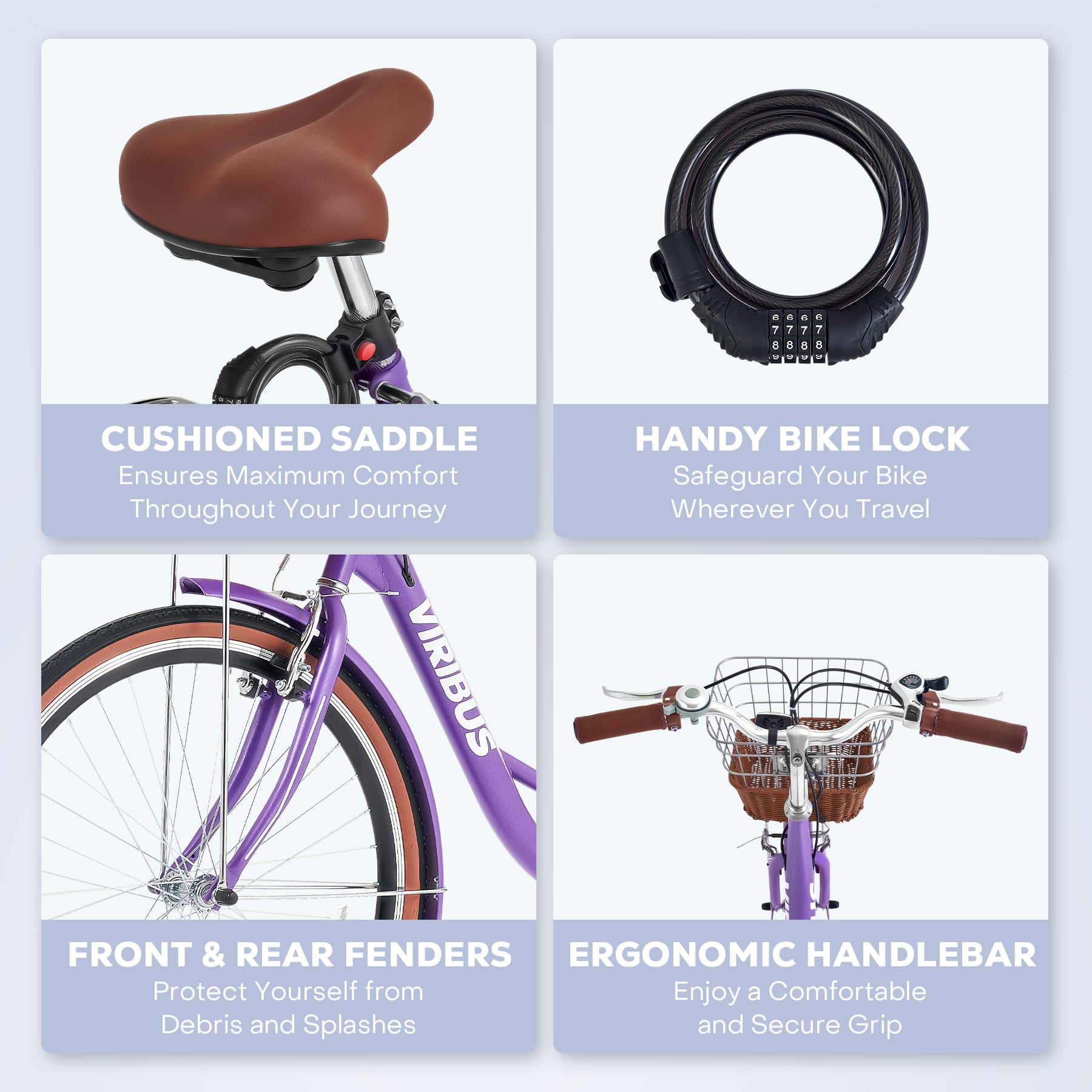 Viribus 24 in Beach Cruiser Bike for Women, 7-Speed City Bicycle with Basket and Rack (Purple, 24 in) 1qztg