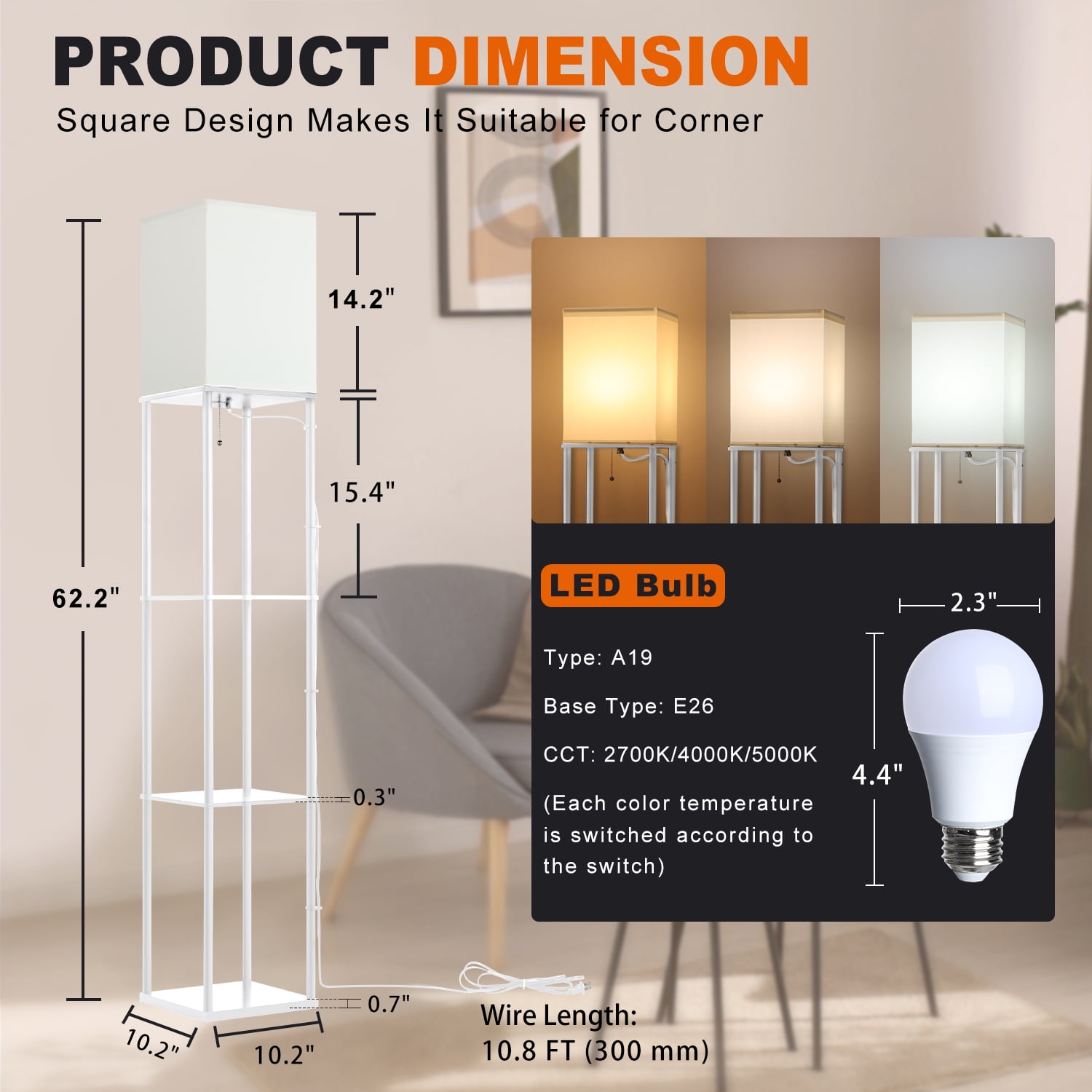 Vesteel Floor Lamp with Shelves, Modern Standing Lamp with 3-Color Adjustable LED Bulb (Black, 63 in) ef831