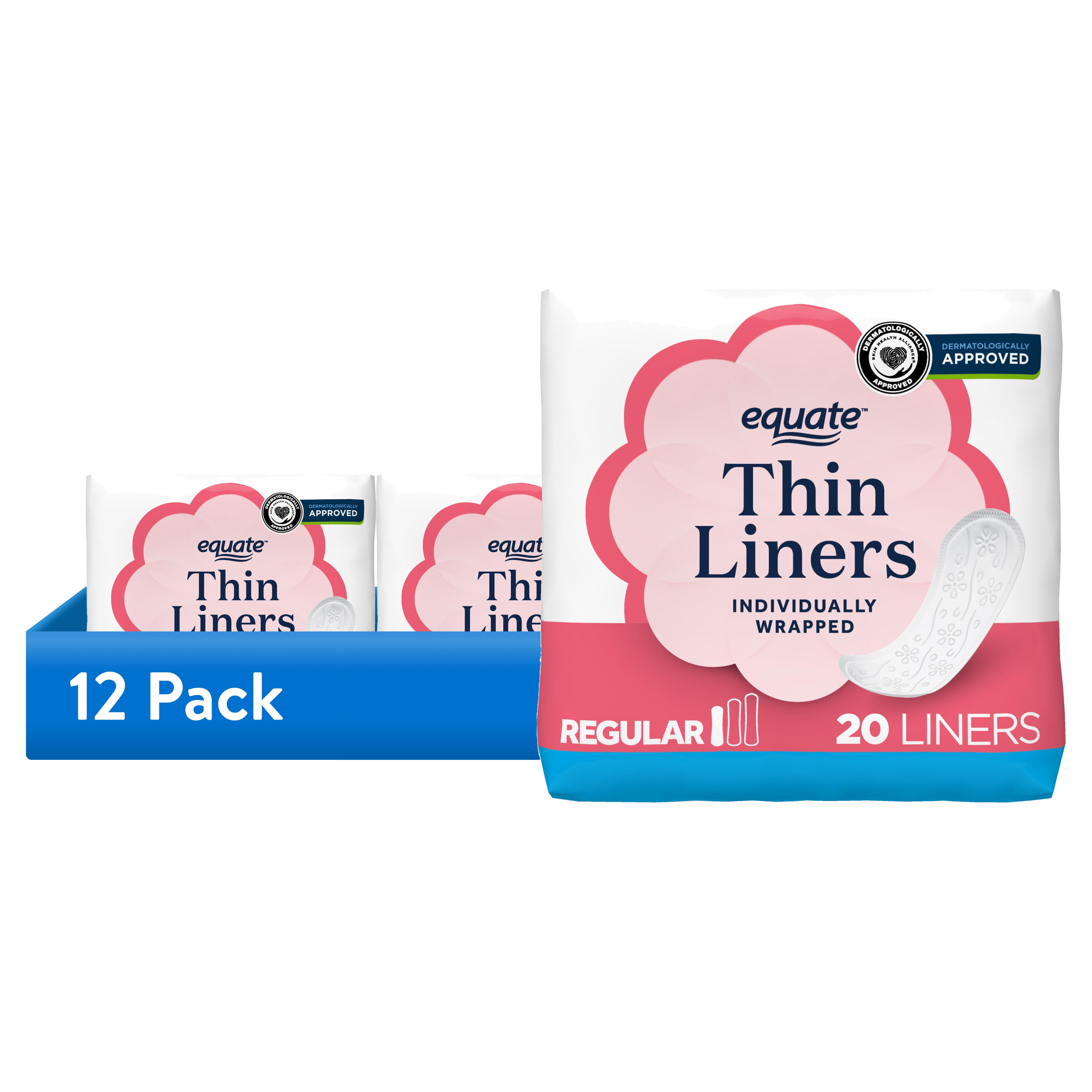 Equate Thin Panty Liners, Regular Length, Unscented, Individually Wrapped (12 Pack, 240 Count Total) 5e3ar