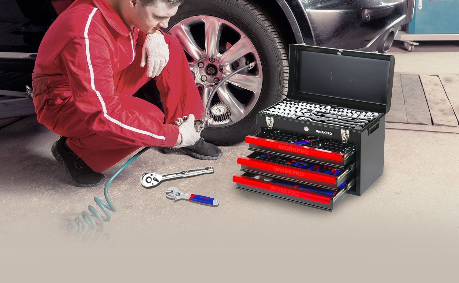 WORKPRO 408-Piece Mechanics Tool Set, Heavy-Duty Household Repair Kit with 3-Drawer Metal Storage Box (408-Piece) 8ornf