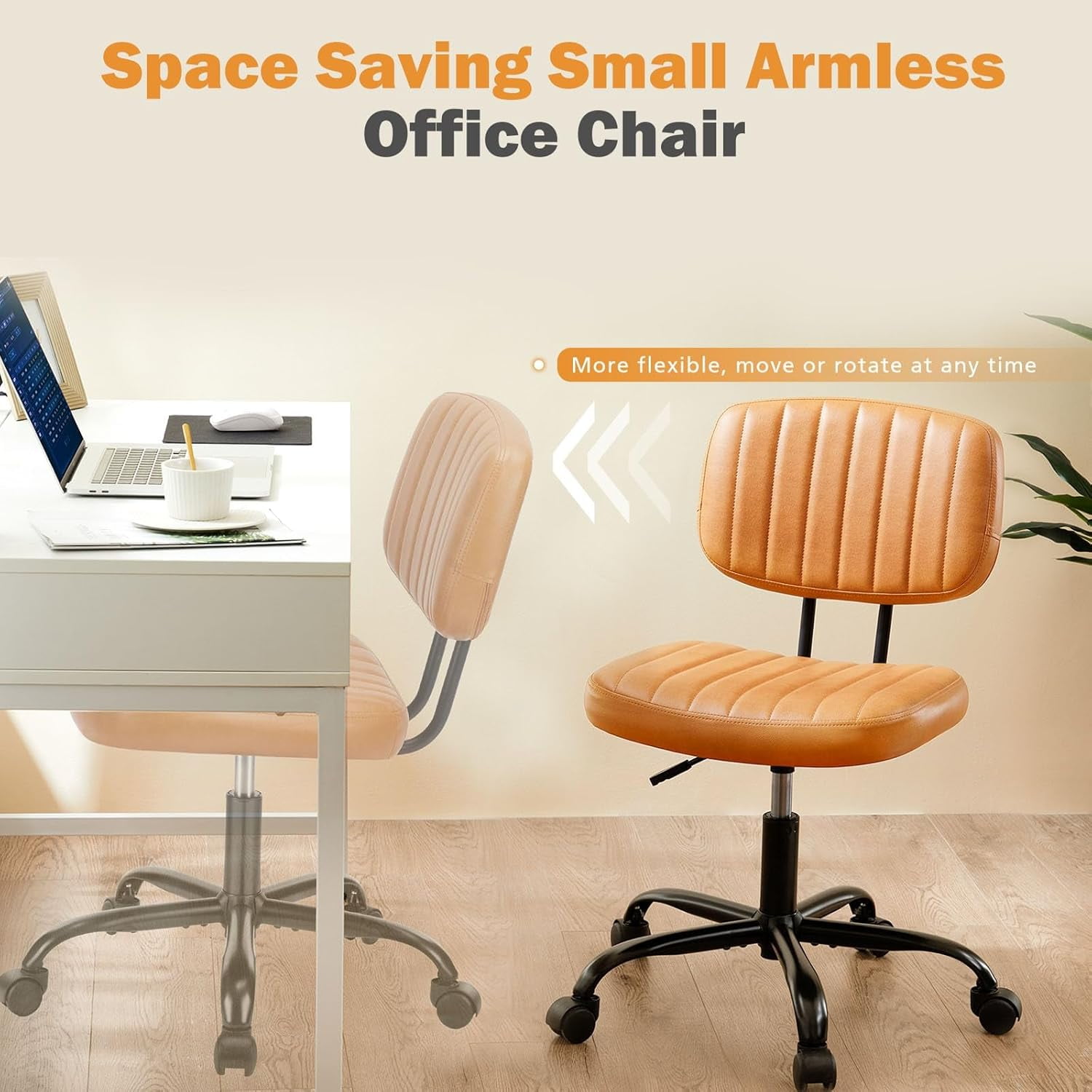 TINKLE WELL Ergonomic Armless Office Task Chair, Rolling Vanity Desk Chair with Swivel and Adjustable Height (Brown, 24.21 in x 16.33 in x 34.25 in) s16vc