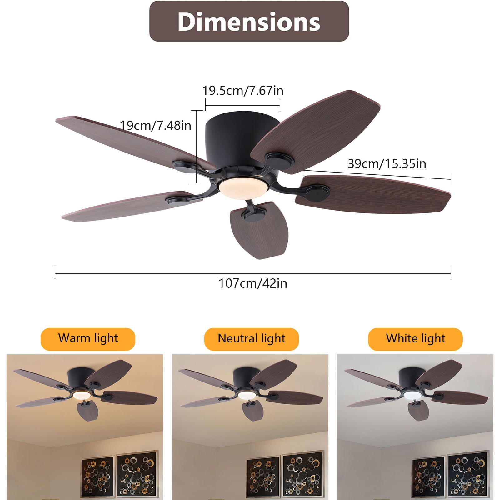 TOOL1SHOoo 42 in Farmhouse Flush Mount Reversible Ceiling Fan with LED Light and Remote Control (Brown, 42 in) gox3c