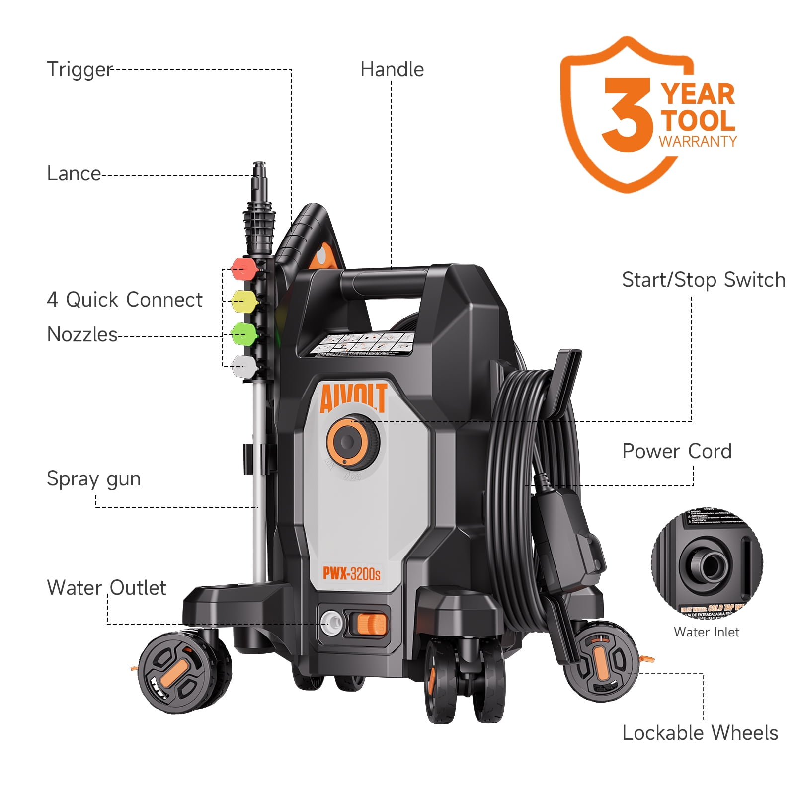 AIVOLT Electric Pressure Washer, High-Pressure Power Washer for Driveways and Patios (4800 PSI, 1.76 GPM, 18.7 lb) 2ob4s