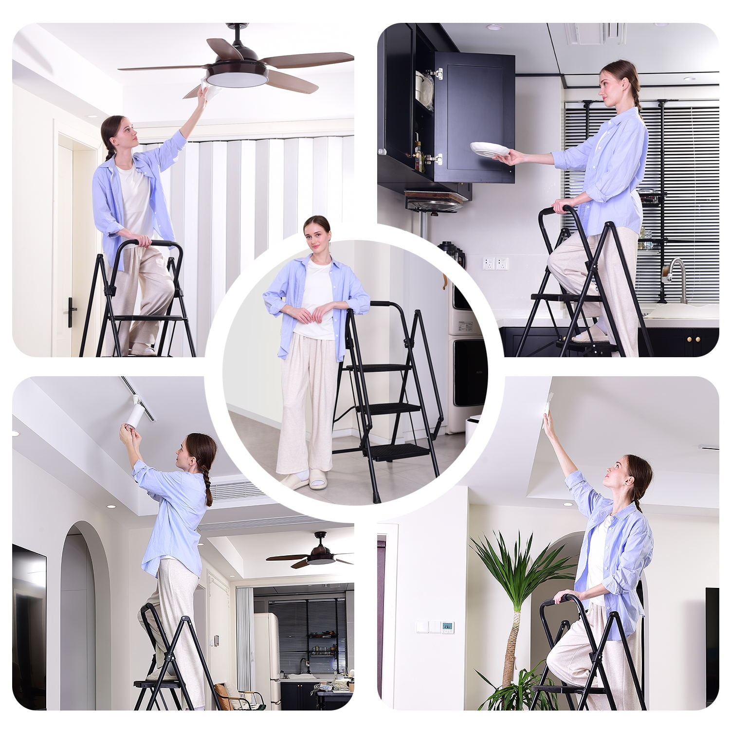 Geemuslly 5-Step Folding Ladder, Heavy-Duty Steel Step Stool with Anti-Slip Pedals and Safety Handrail (Black, 350 lb Capacity) wkmg3