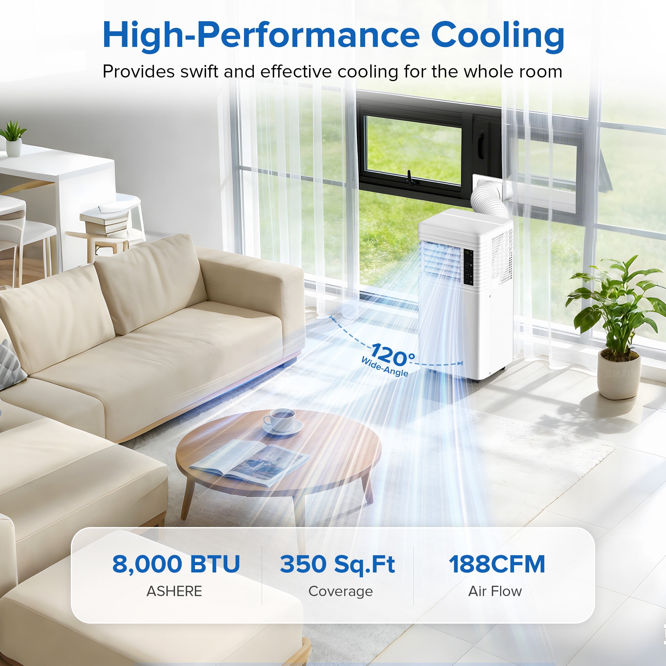 KISSAIR 8000 BTU Portable Air Conditioner, 4-in-1 Cooling Fan and Dehumidifier with Remote Control (Black, 350 sq ft) opd68