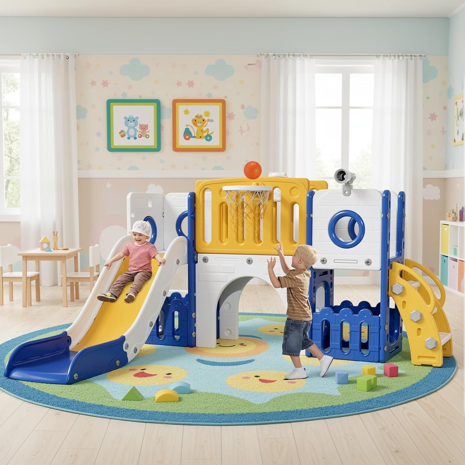 LAZY BUDDY 9-in-1 Toddler Slide and Climber Playset with Basketball Hoop and Storage (Blue) ifcey