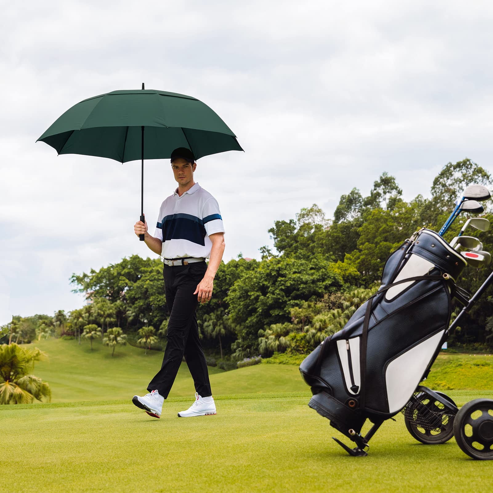 Gonex 68 Inch Automatic Open Golf Umbrella, Extra Large Windproof Double Canopy Stick Umbrella (Green, 68 in) 6mgt5