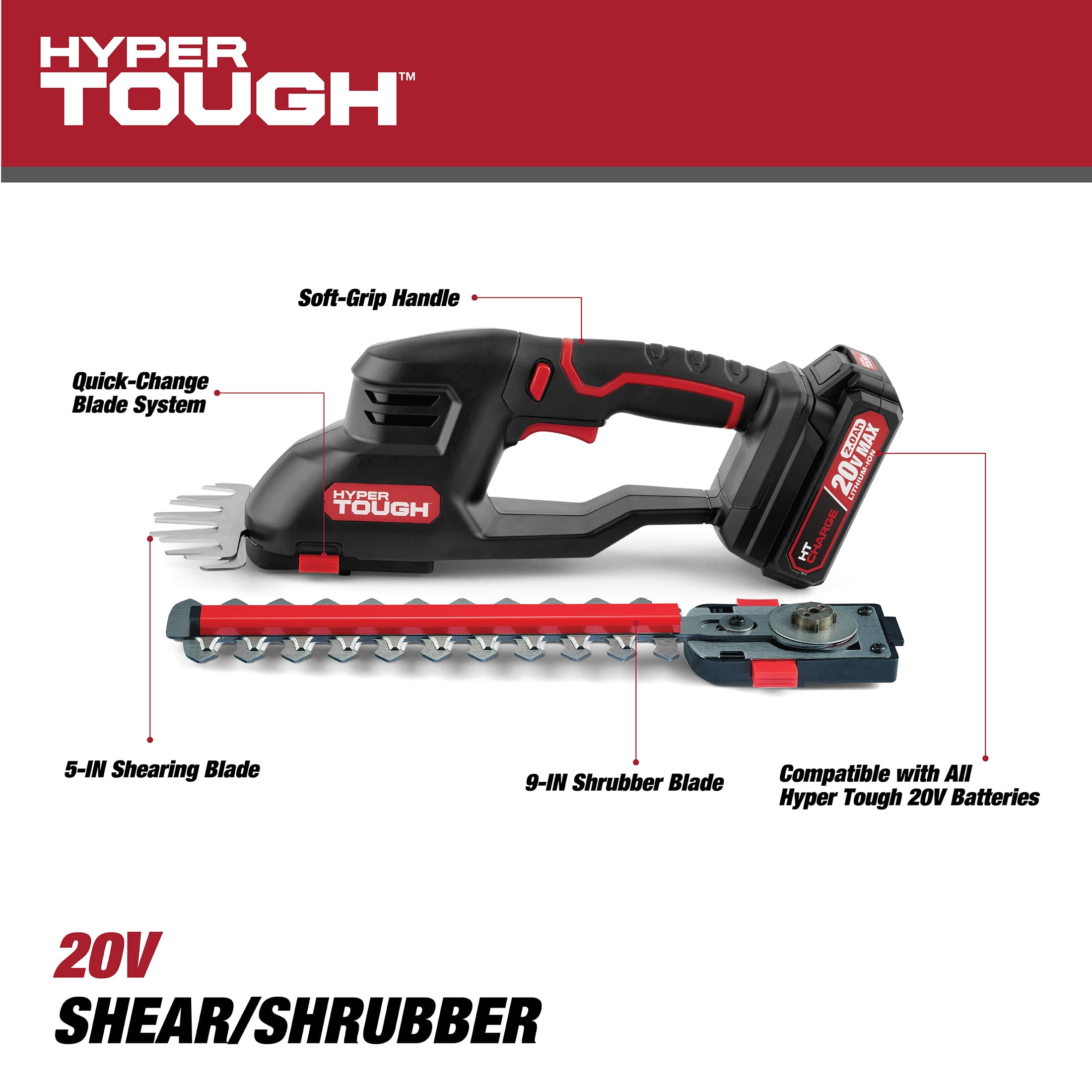 Hyper Tough 20V Cordless 2-in-1 Grass Shear and Shrubbery Trimmer (5 in and 9 in Blade Set) 47khx - Image 10