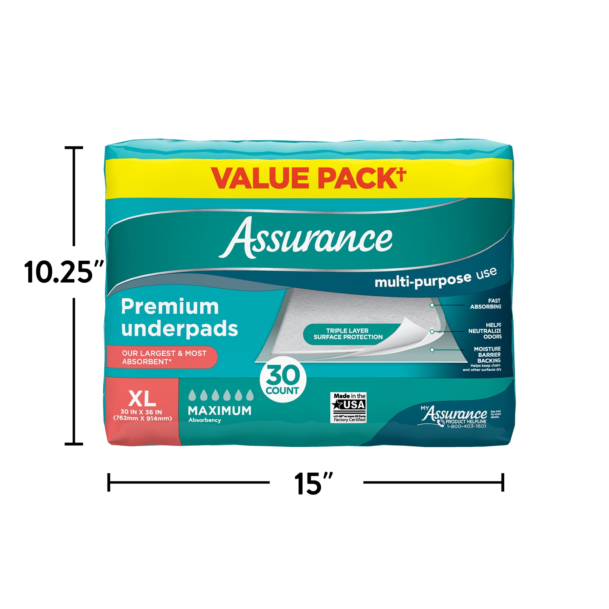 Assurance Premium Underpads for Adults, Maximum Absorbency, Leak-Proof Protection (XL, 30 Count) mqfx1