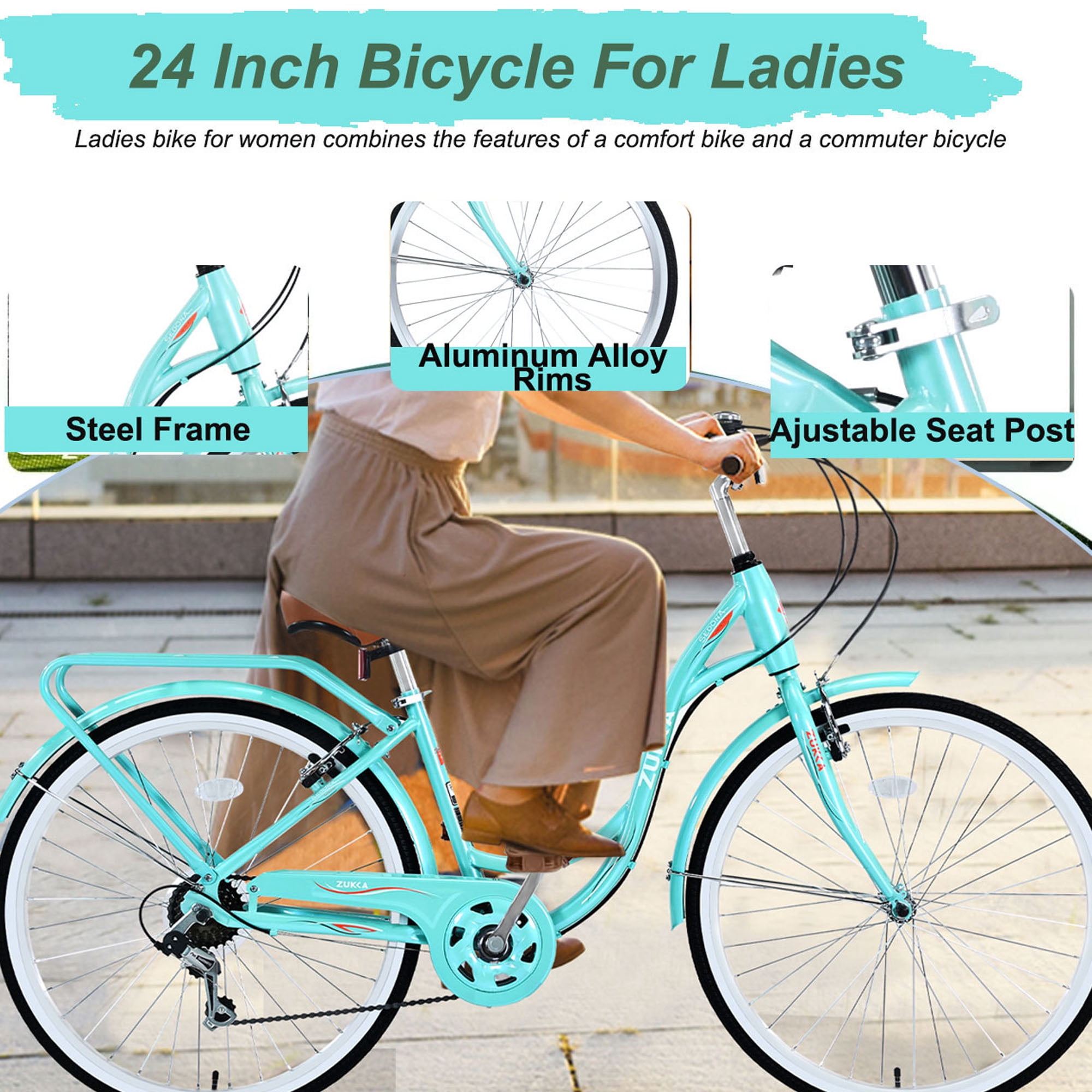 iYofe 24-inch Womens Commuter Bike, 7-Speed Cruiser Bicycle with Rear Seat and V-Brakes (Cyan, 24-inch) 5ut8f