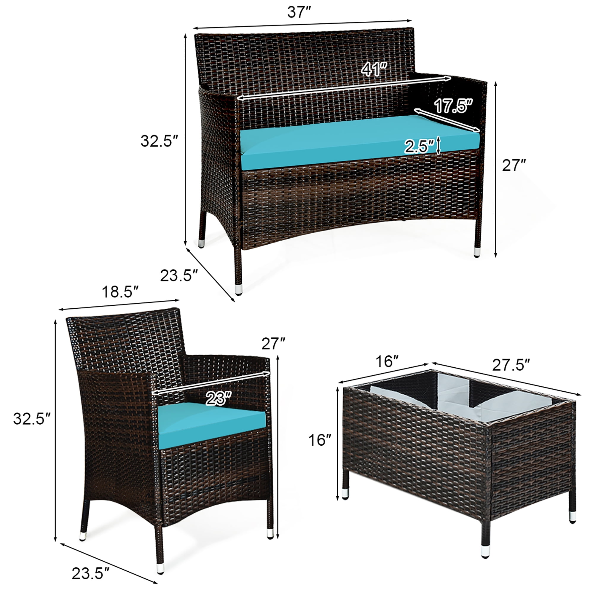 Gymax 4-Piece Patio Rattan Conversation Furniture Set with Turquoise Cushions (Outdoor/Indoor) 572c2