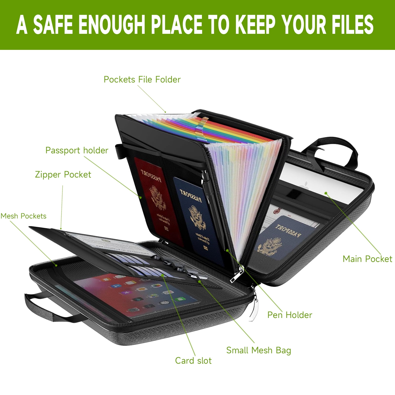 OUTGOO Fireproof File Organizer with Lock, Hard-Shell Document Storage Box with 13-Pocket Accordion Folder (Black, 15.5 in x 11.5 in x 3 in) 4eyu5