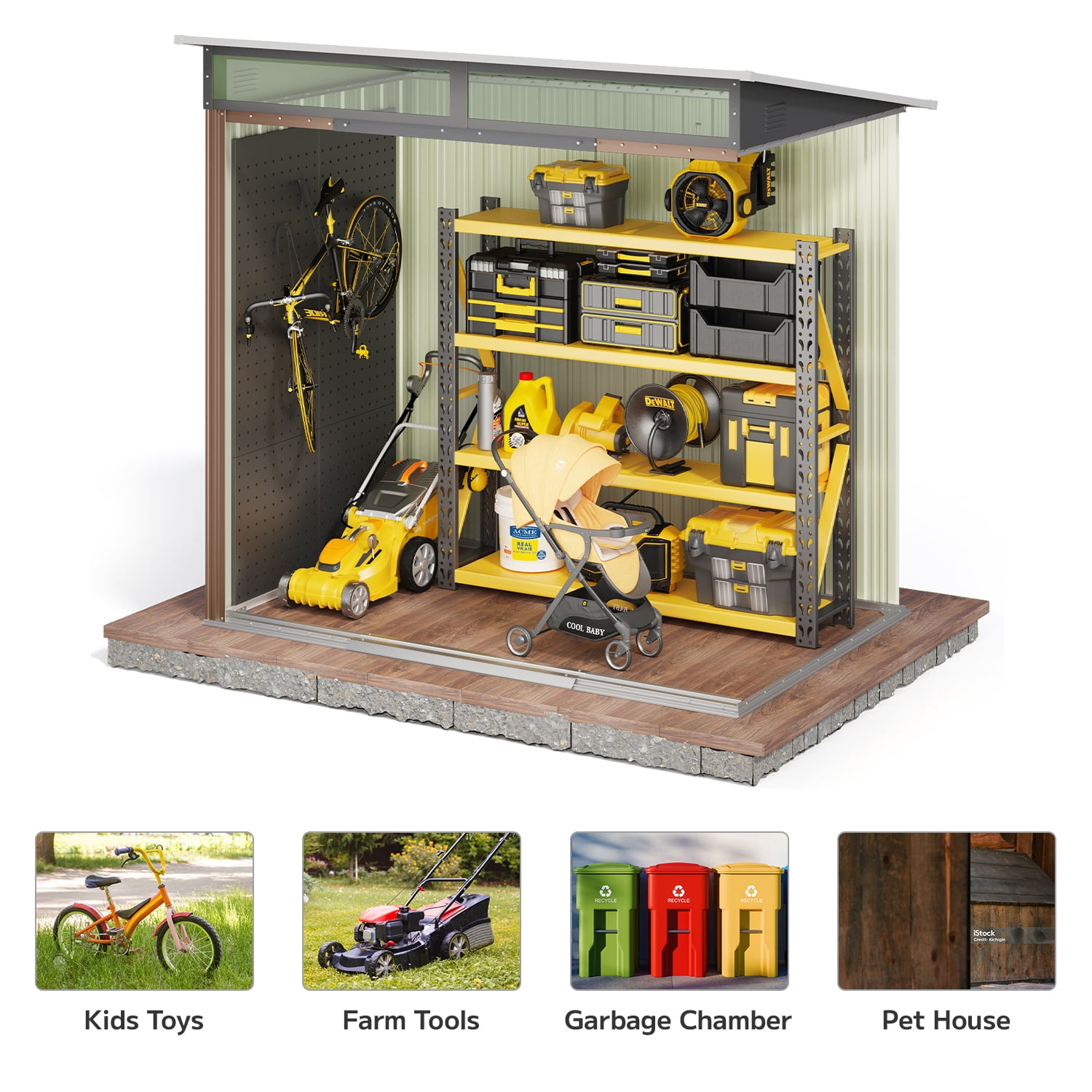 Asofer Lockable Metal Tool Shed, Outdoor Storage Cabinet with Double Doors and Light Window (Brown, 76.8 in x 42.9 in x 77.2 in) h7x2o