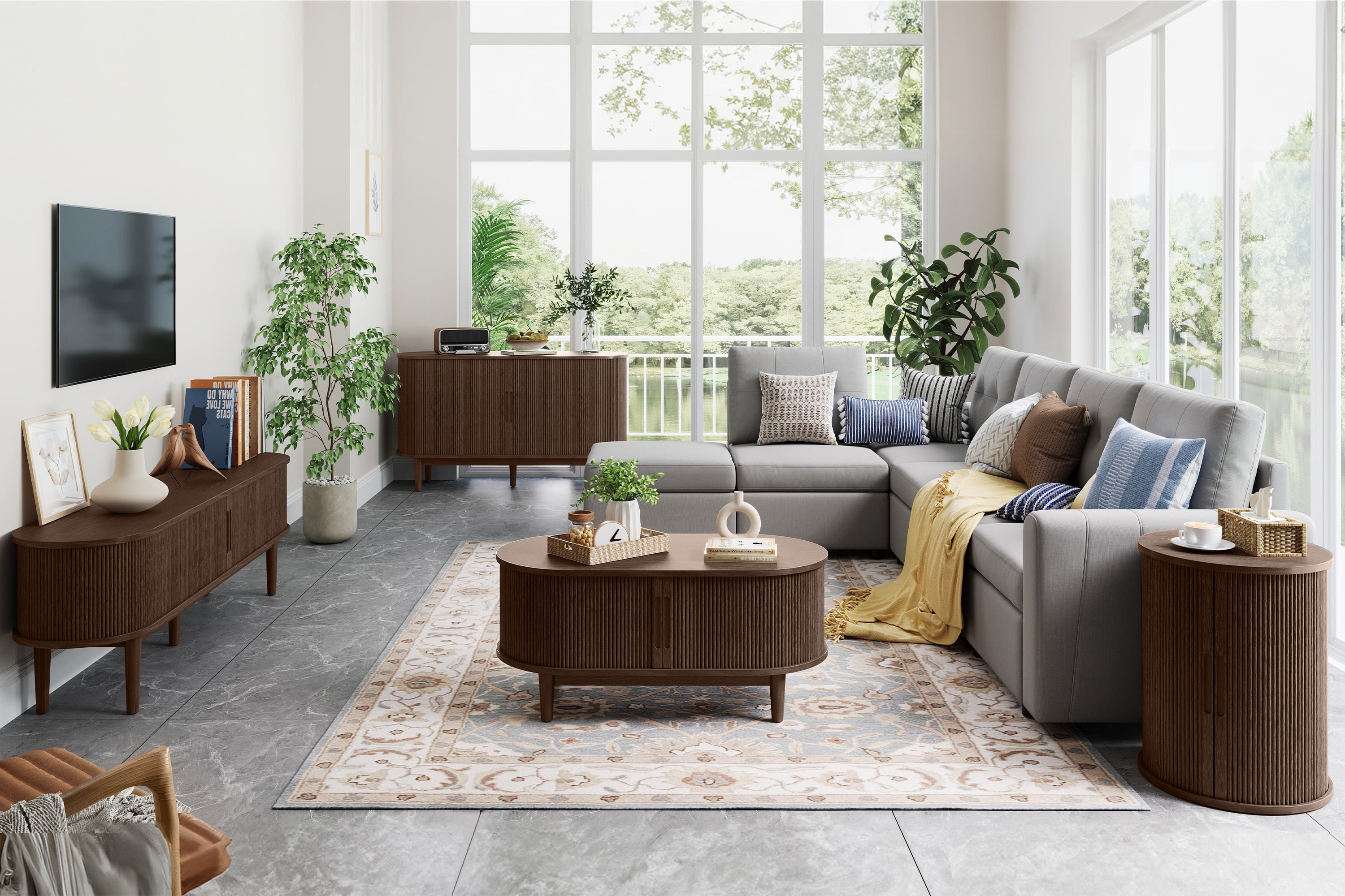 LINSY HOME Fluted Coffee Table with Storage, Mid-Century Modern Living Room Furniture with Sliding Tambour Doors (Walnut, 47.2 in x 23.6 in x 17.7 in) 3zusi
