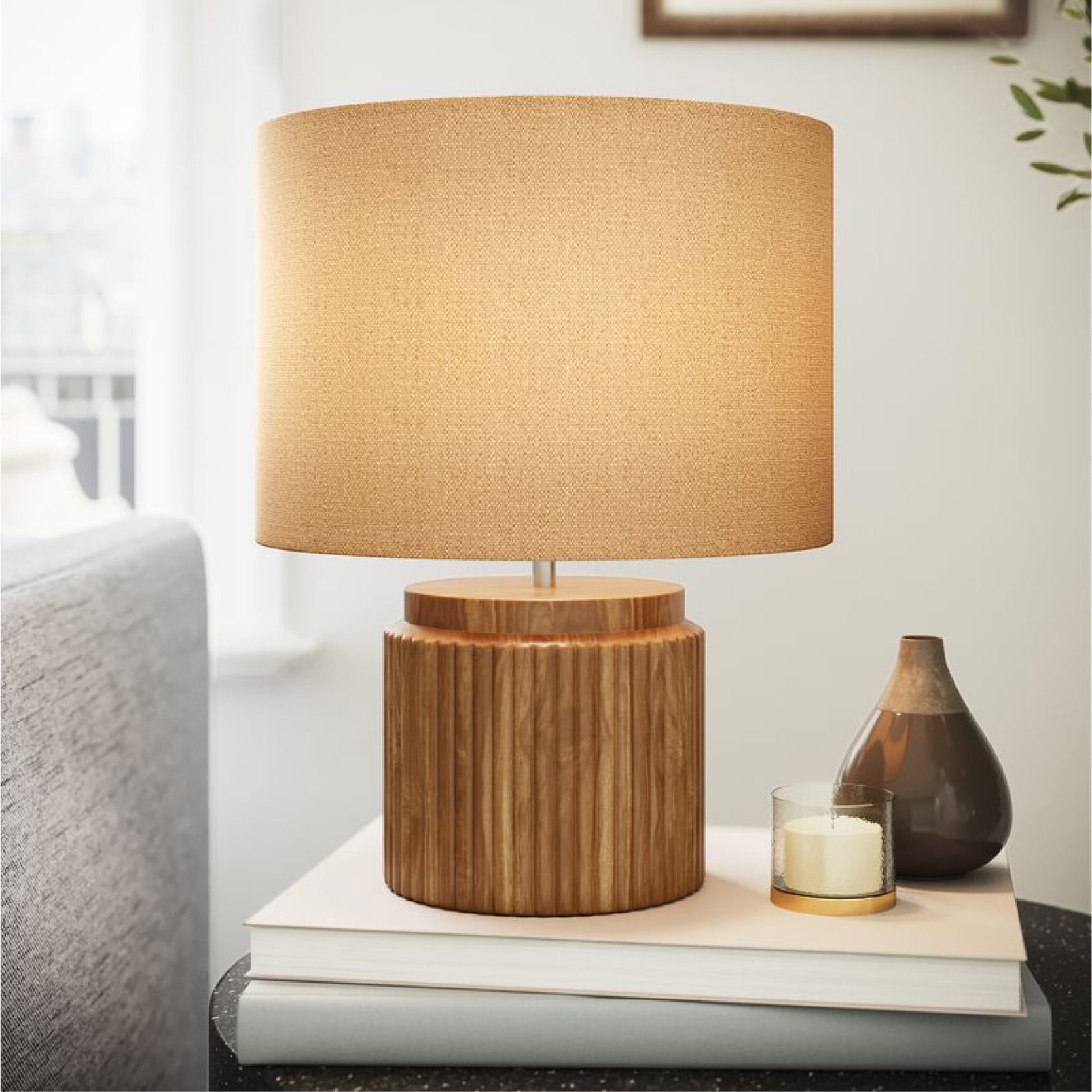 Beautiful by Drew Barrymore Faux Ribbed Wood Table Lamp (Brown, 10.25 in x 10.25 in x 14 in) 70bni