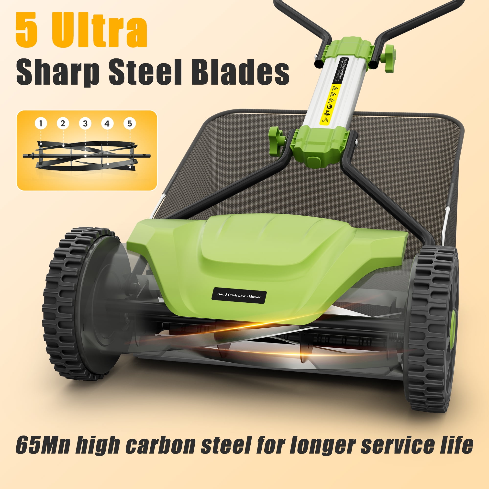 Naipo Manual Push Reel Lawn Mower, 16-in Cutting Width, 5-Blade System, 6 Adjustable Heights, Includes 8-Gallon Grass Catcher (Green) 9na7t