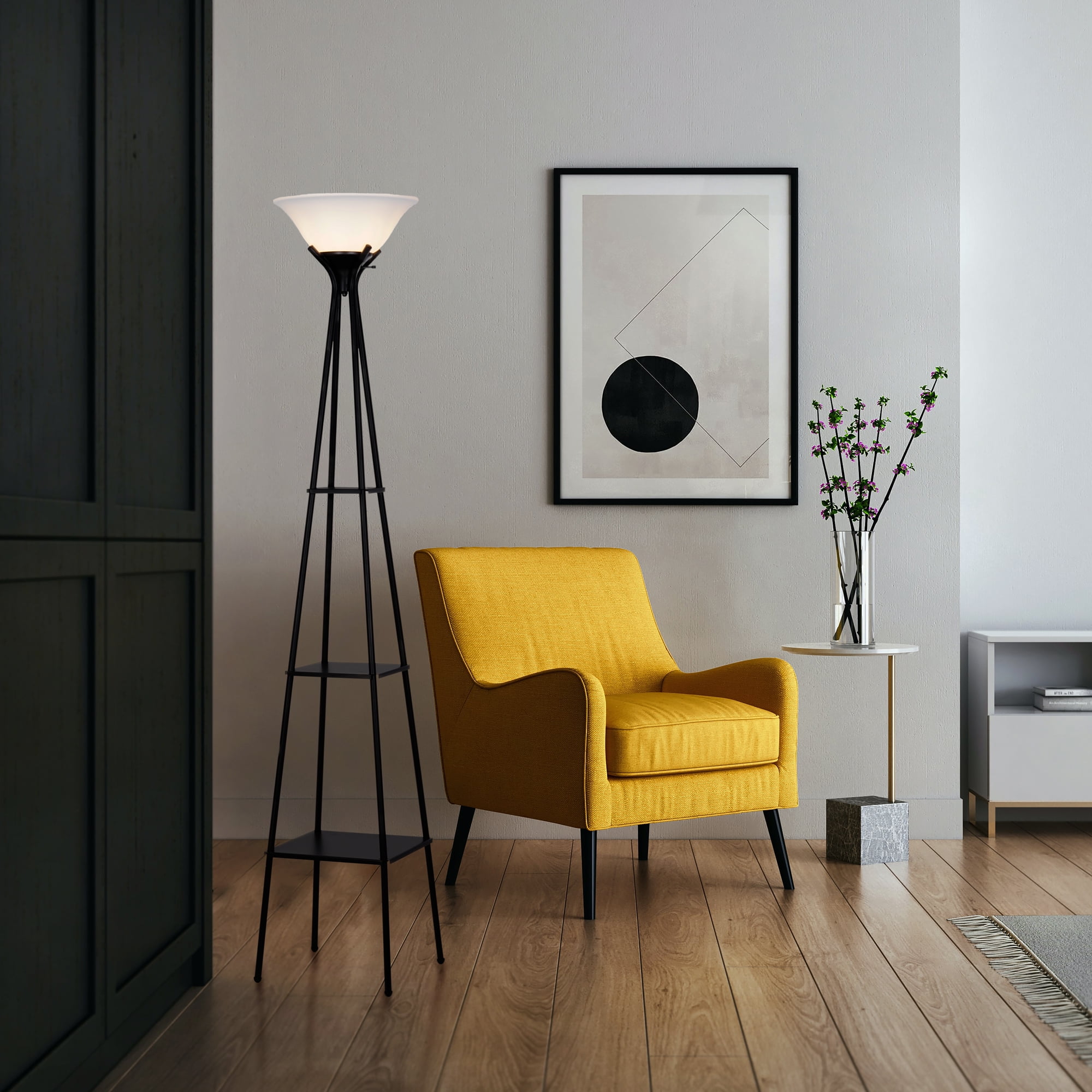 Mainstays Etagere Floor Lamp with Shelves, Charcoal Metal Finish (69 in H x 13 in W) yv1q5