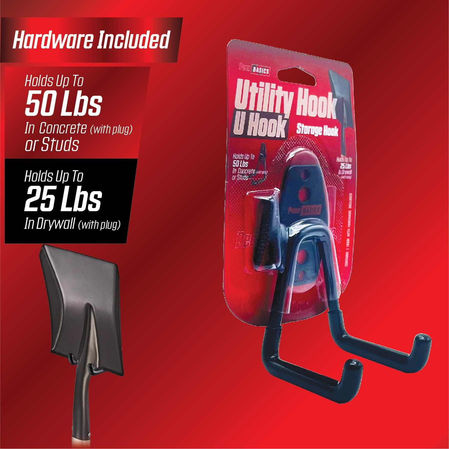 PeerBasics 3 in Utility Garage Hook, Heavy-Duty Metal Storage Hanger with PVC Coating (Black, 50 lb Capacity) le3di